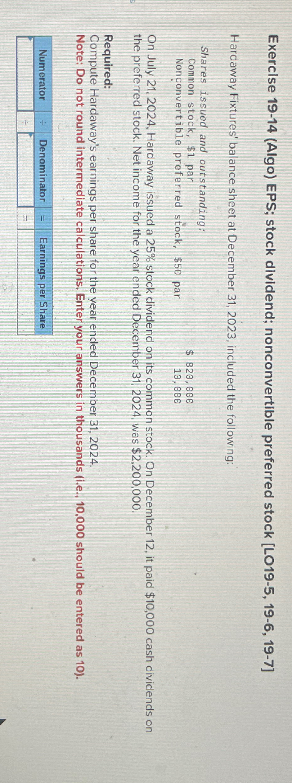 balance sheet at December 31,2023, included the following: Shares issued and outstanding: