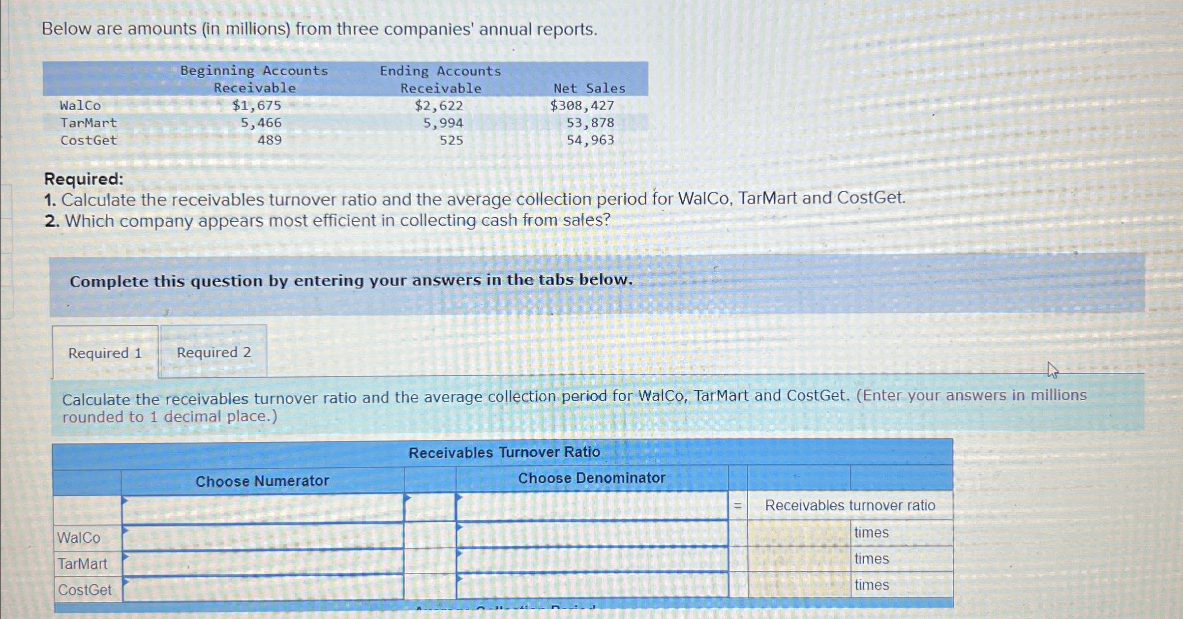 Below are amounts (in millions) from three companies' annual reports. \table[[,\table[[Beginning
