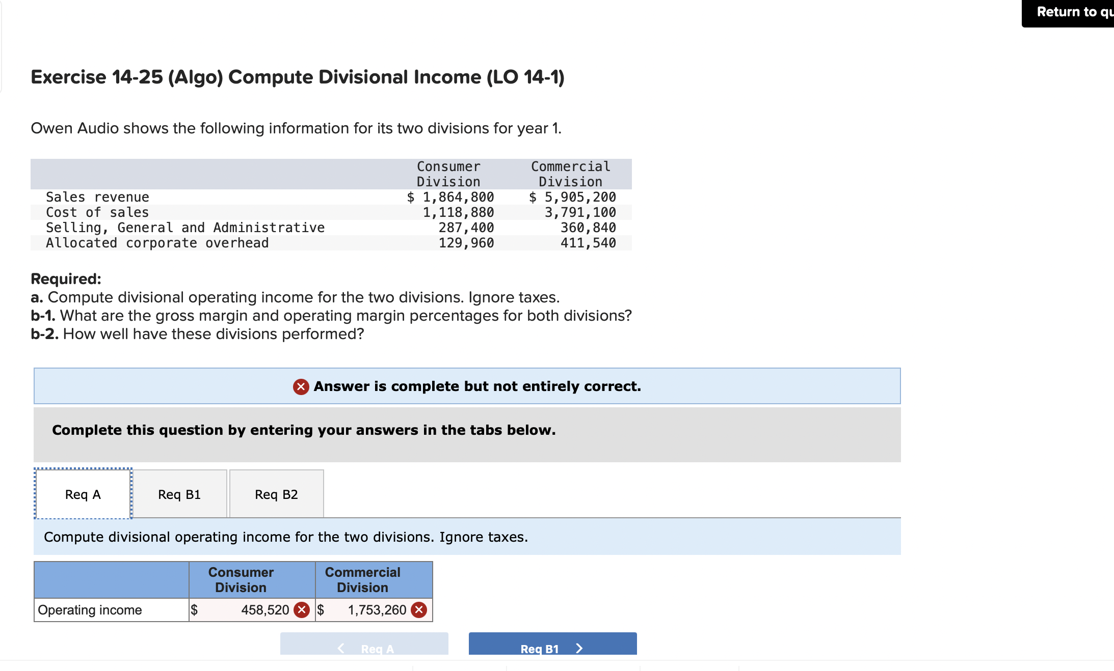 following information for its two divisions for year 1. Required: a. Compute