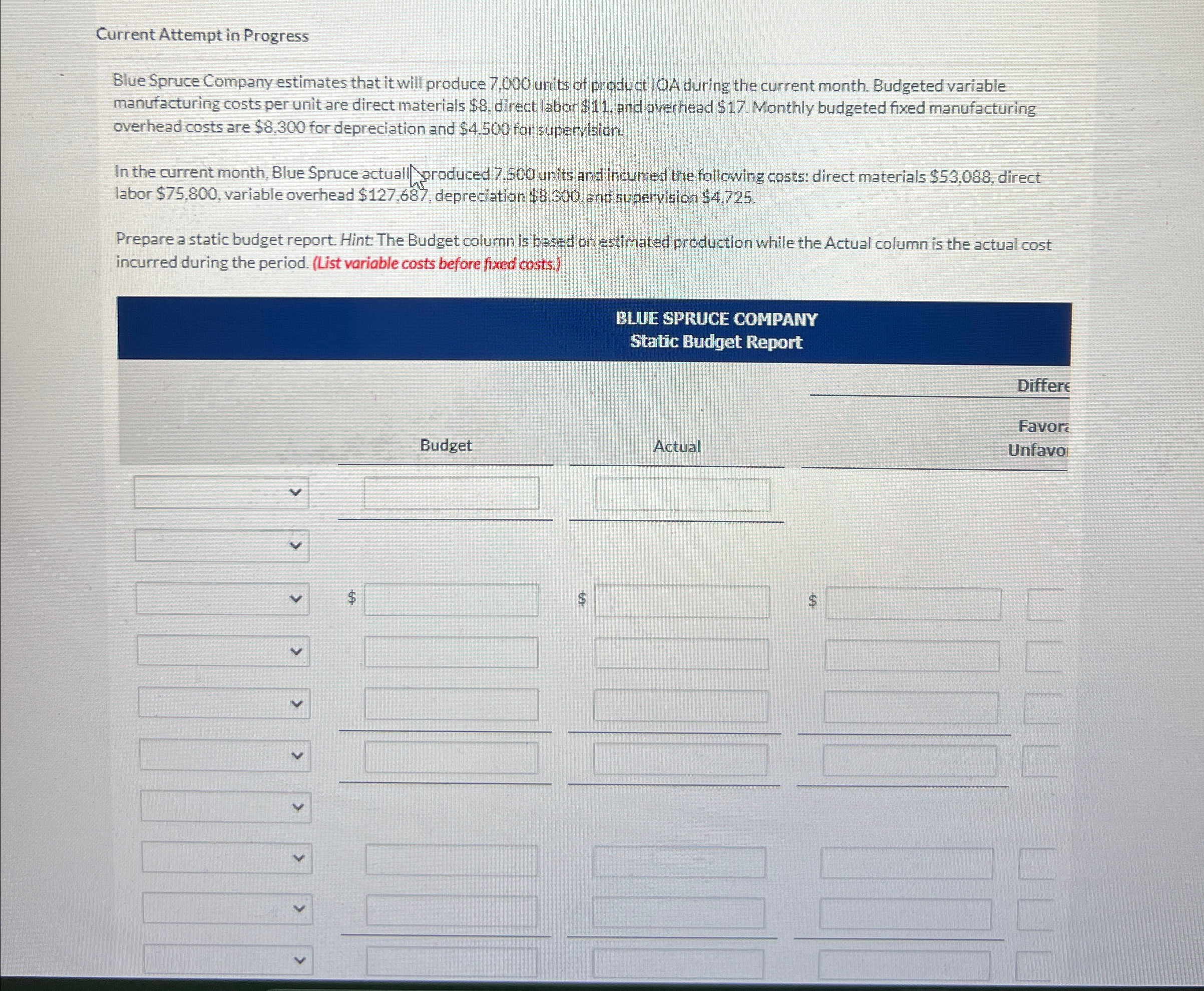produce 7,000 units of product 10 A during the current month. Budgeted