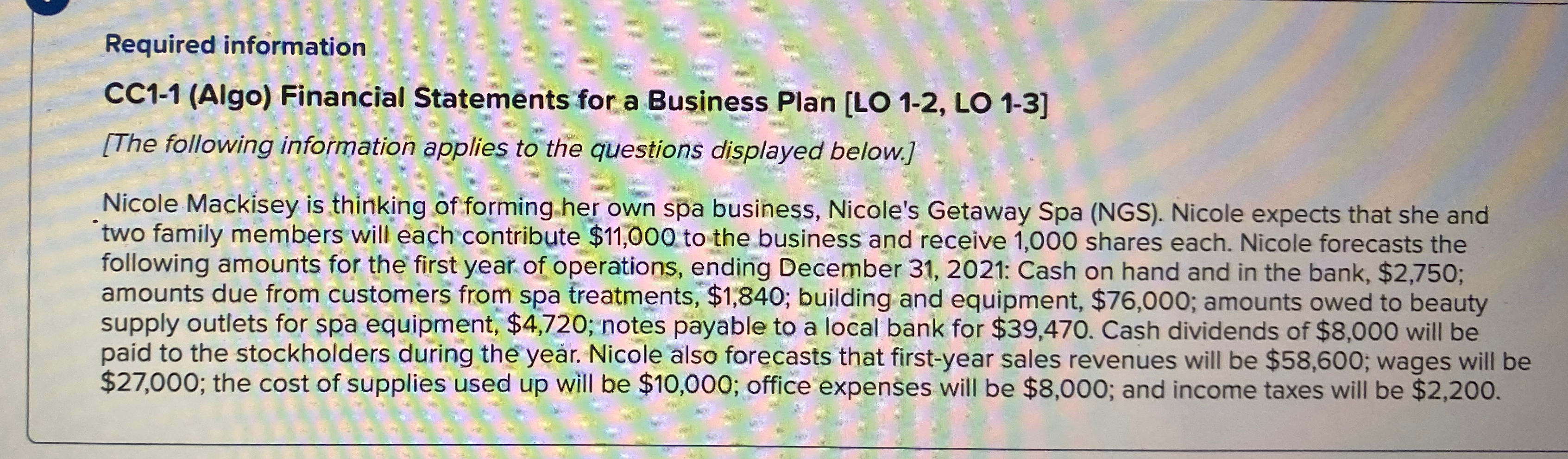 LO 1-3] [The following information applies to the questions displayed below.] Nicole