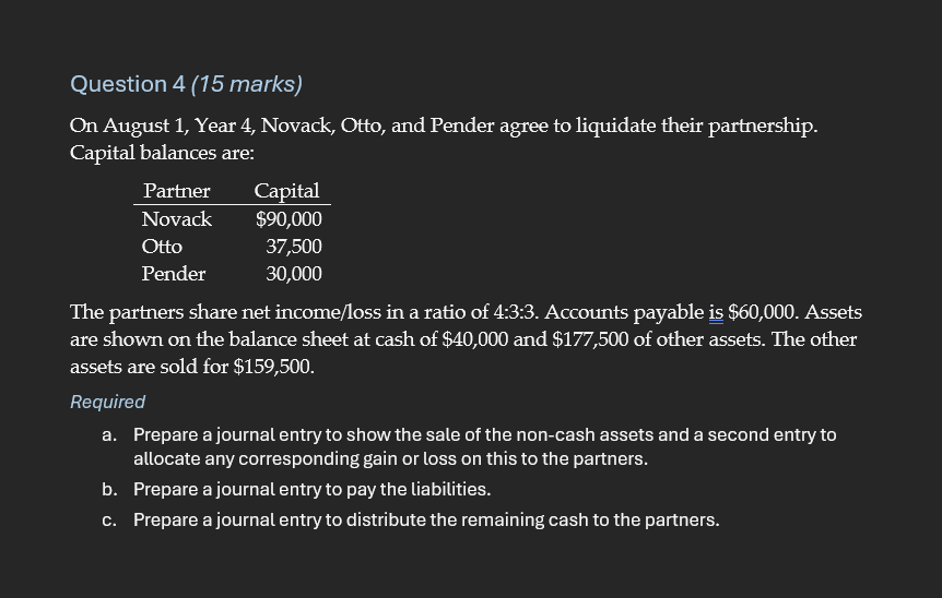 Pender agree to liquidate their partnership. Capital balances are: The partners share
