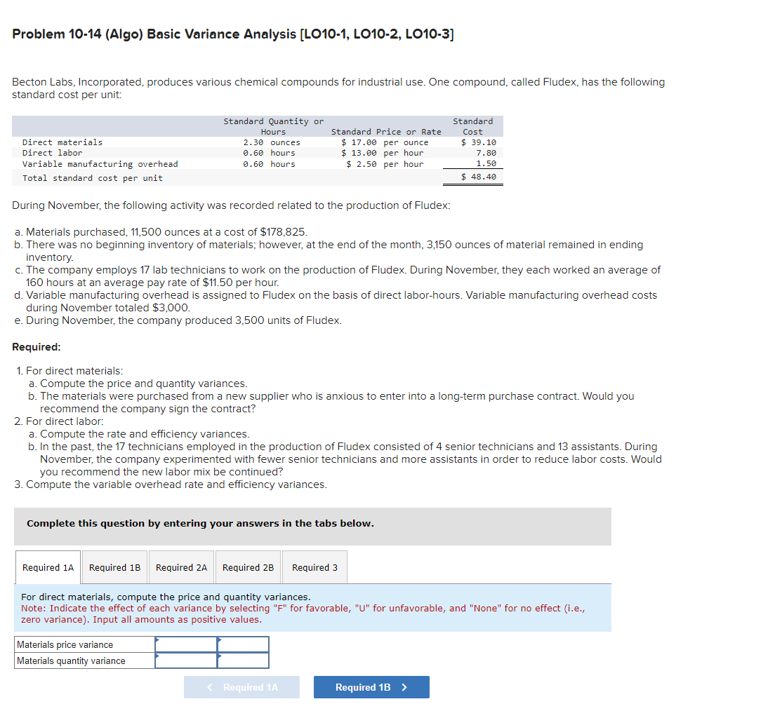  Problem 10-14(Algo) Basic Variance Analysis [LO10-1, LO10-2, LO10-3] Becton Labs, Incorporated,