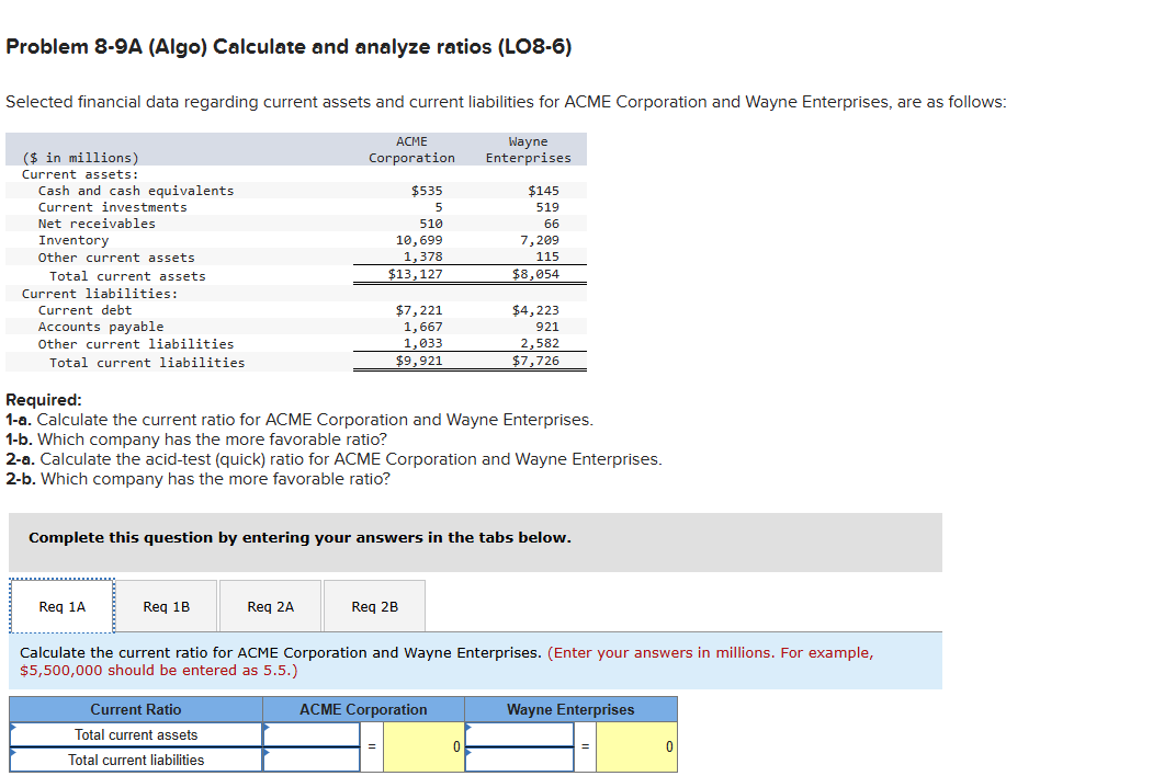 regarding current assets and current liabilities for ACME Corporation and Wayne Enterprises,