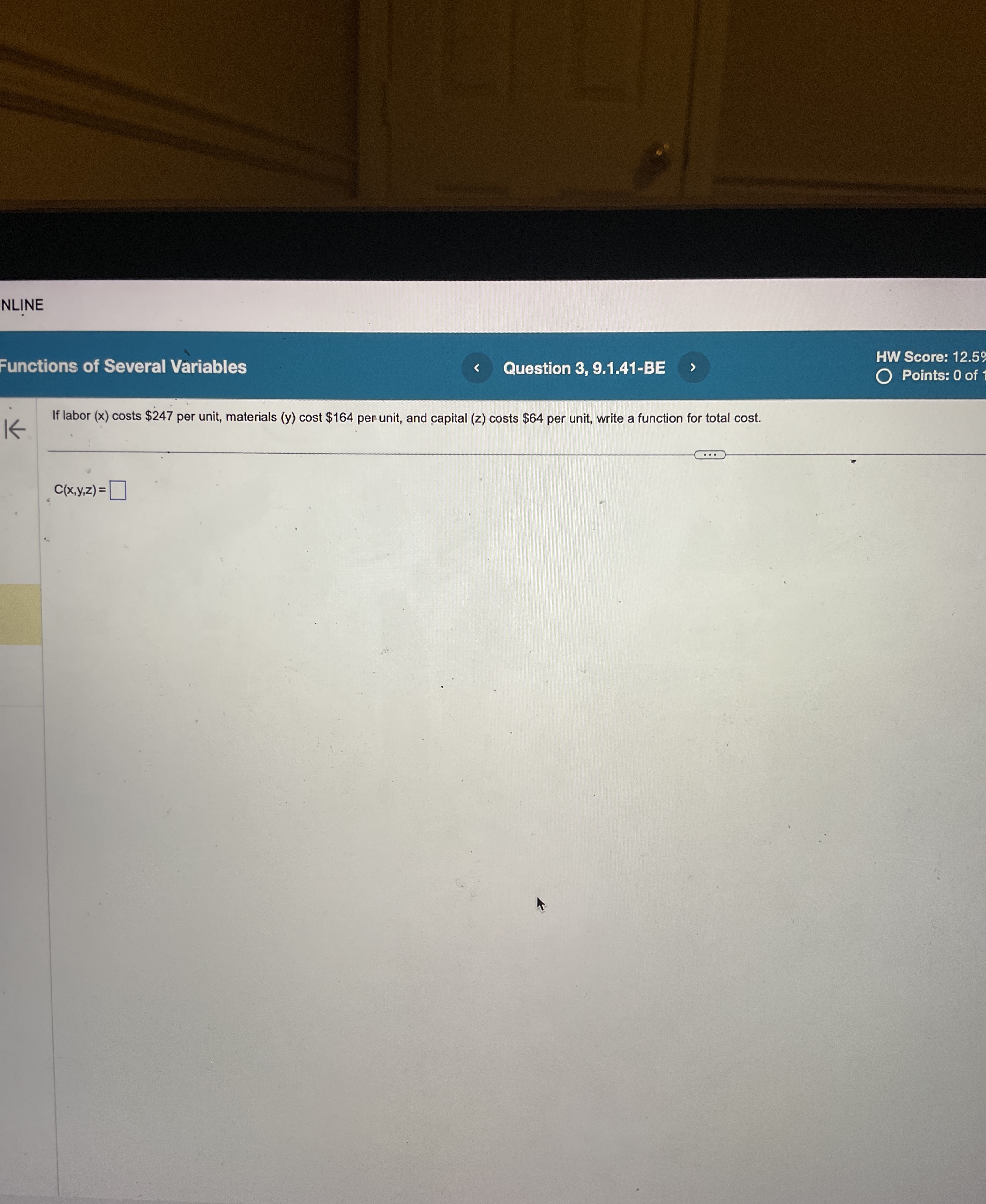 If labor (x) costs $247 per unit, materials (y) cost $164
