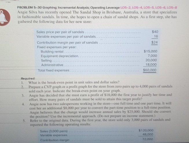  PROBLEM 5-30 Graphing; Incremental Analysls; Operating Leverage LO5-2, LO5-4, LO5-5, LO5-6,