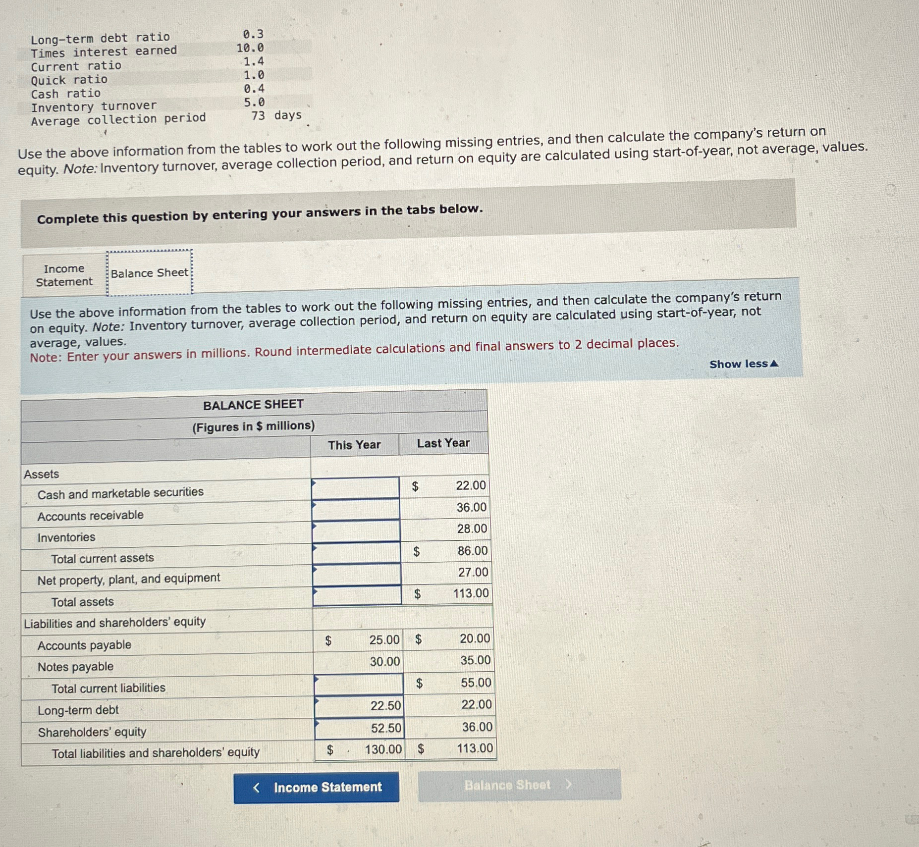  \table[[Long-term debt ratio,0.3],[Times interest earned,10.0],[Current ratio,1.4],[Quick ratio,1.0],[Cash ratio,0.4],[Inventory turnover,5.0],[Average collection period,73