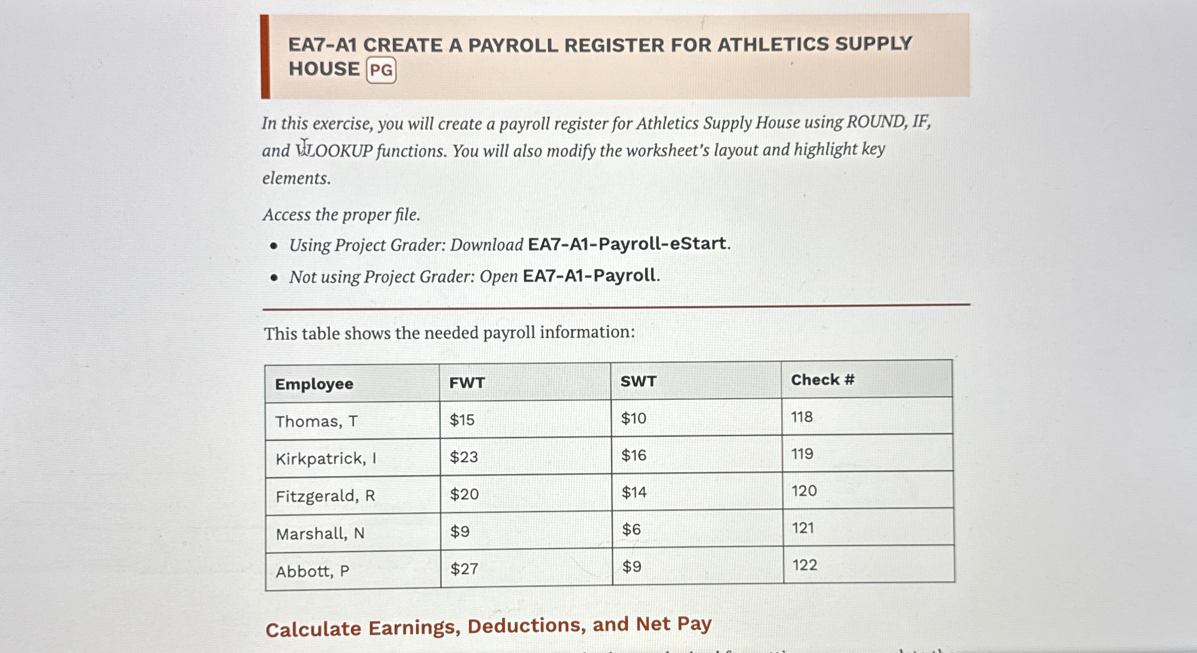 EA7-A1 CREATE A PAYROLL REGISTER FOR ATHLETICS SUPPLY HOUSE PG In