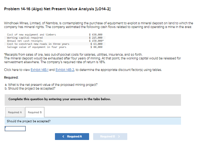  Problem 14-16(Algo) Net Present Value Analysis [LO14-2] Windhoek Mines, Limited, of
