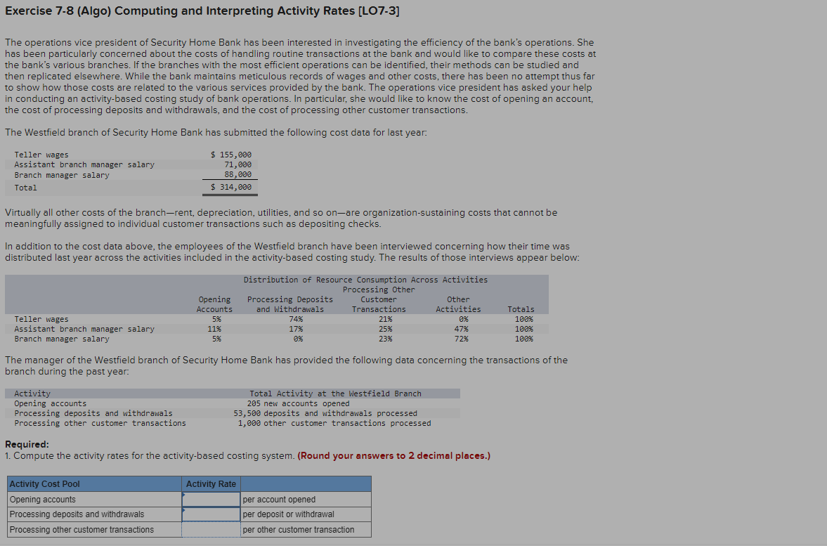  Exercise 7-8(Algo) Computing and Interpreting Activity Rates [LO7-3] The operations vice