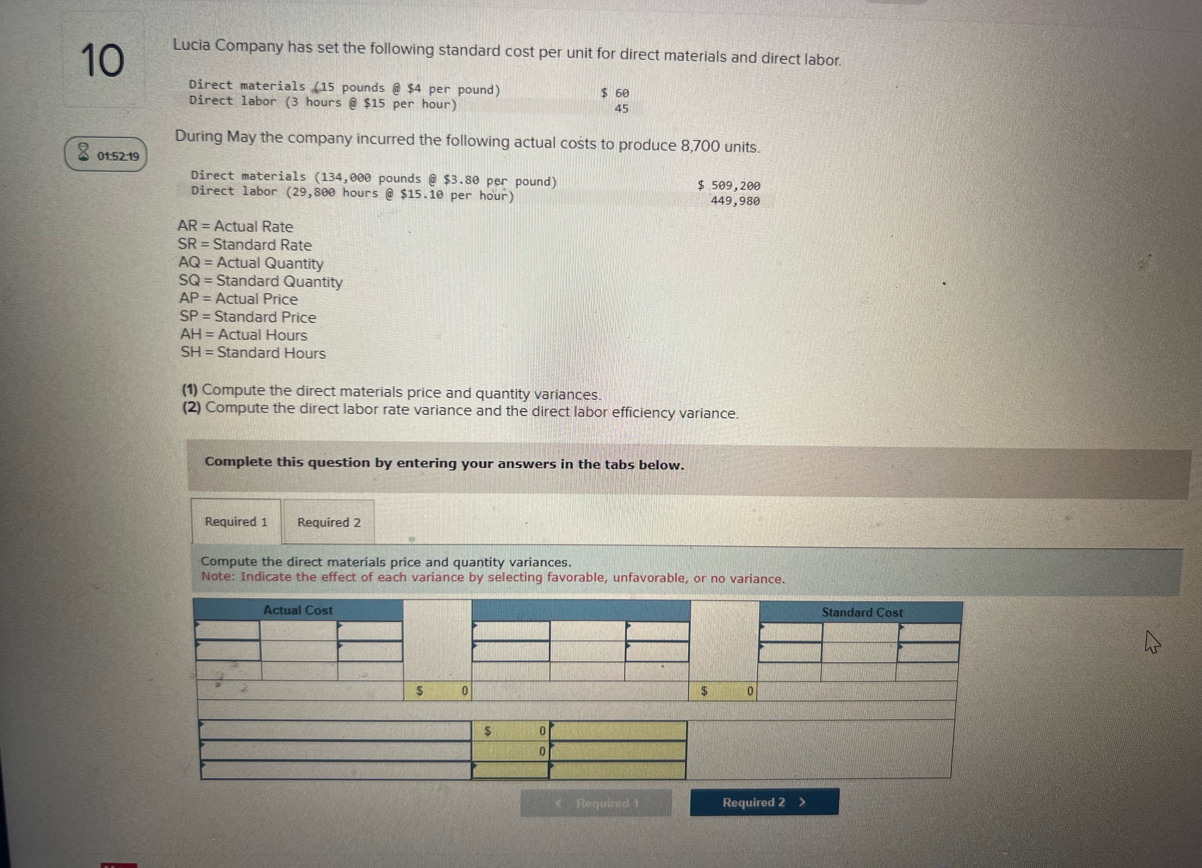 50992 Direct labor (29.800 449,980 AR = Actual Rate SR = Standard