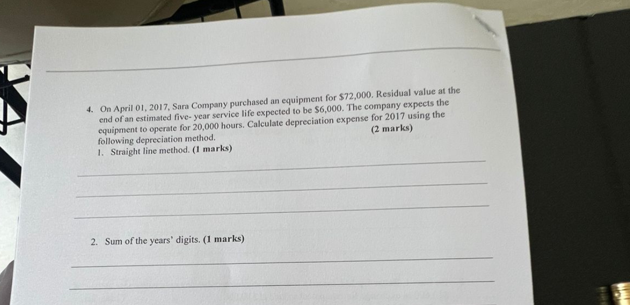  On April 01,2017, Sara Company purchased an equipment for $72,000. Residual