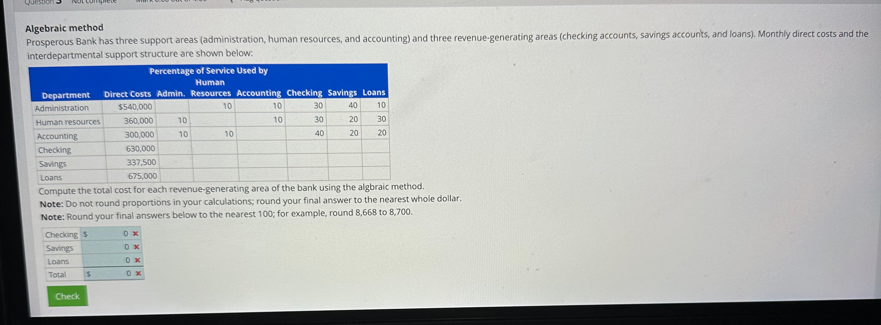 and accounting) and three revenue-generating areas (checking accounts, savings accounts, and loans).
