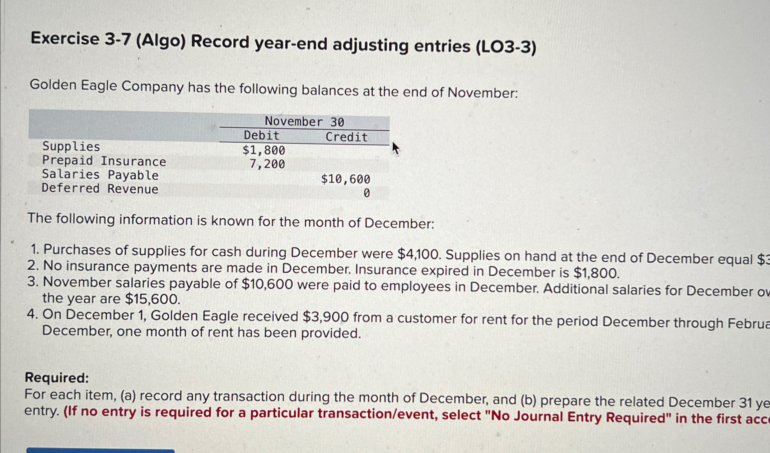 Exercise 3-7(Algo) Record year-end adjusting entries (LO3-3) Golden Eagle Company has
