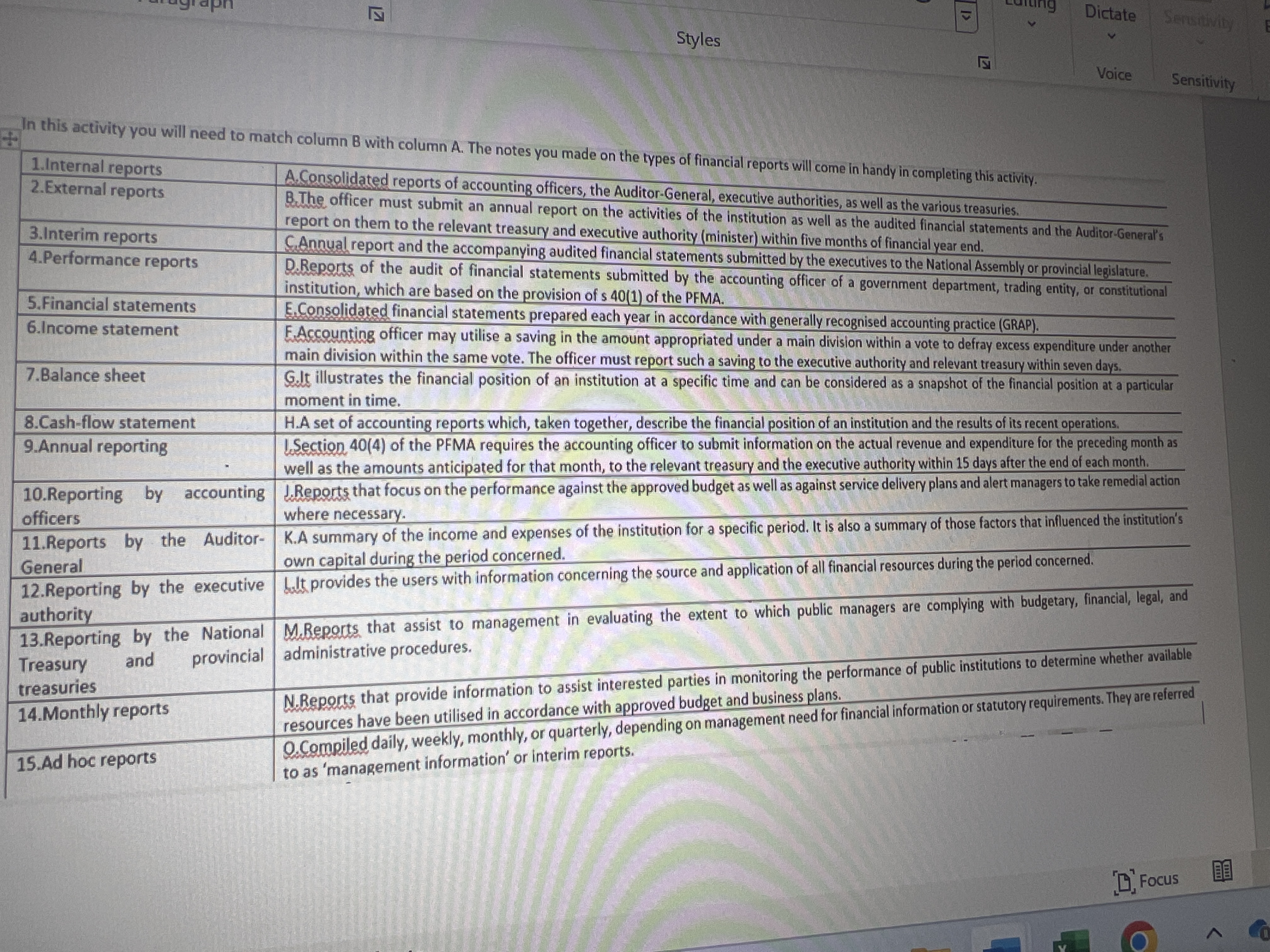 match column B with column A. The notes you made on the