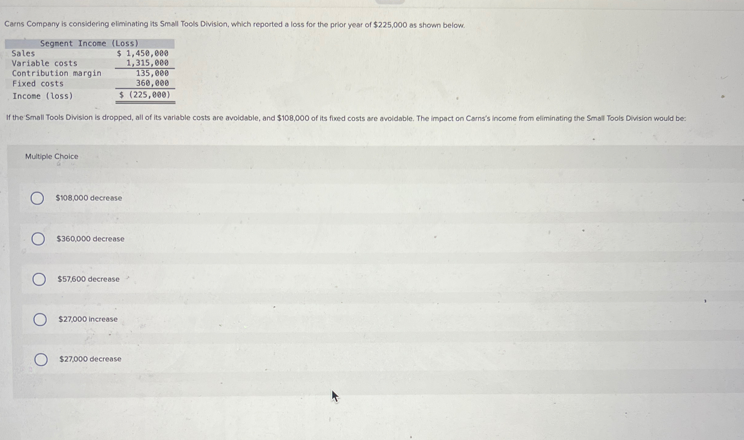 Carns Company is considering eliminating its Small Tools Division, which reported