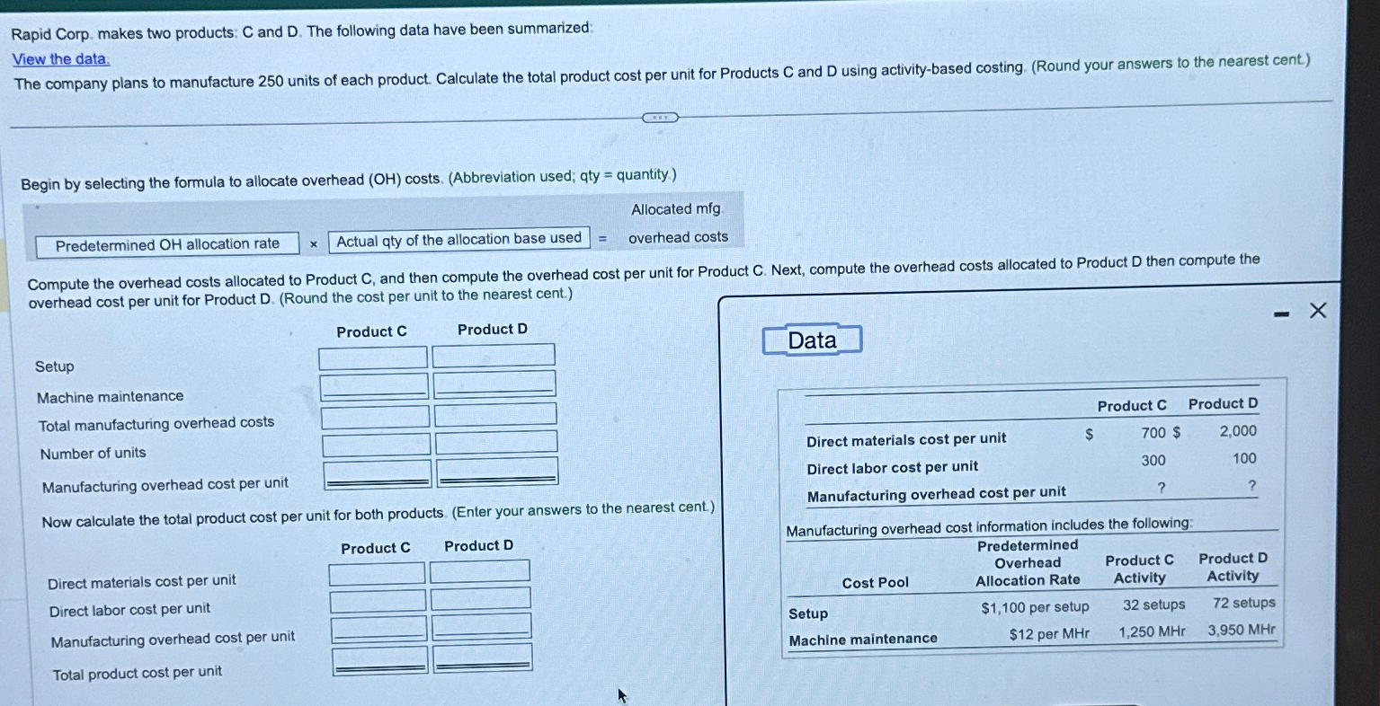 Rapid Corp. makes two products: C and D. The following data