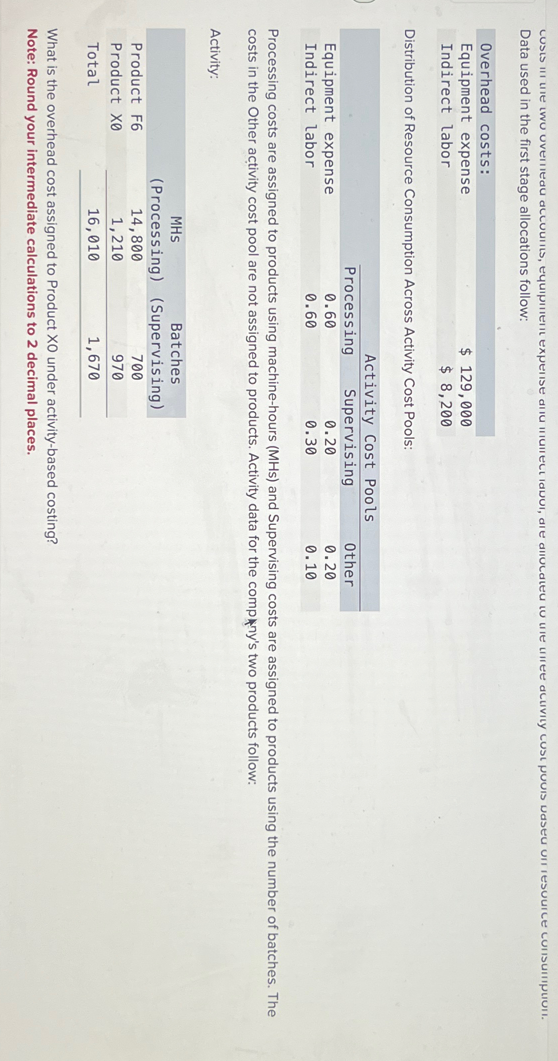 Data used in the first stage allocations follow: \table[[Overhead costs:,],[Equipment expense,129,000],[Indirect