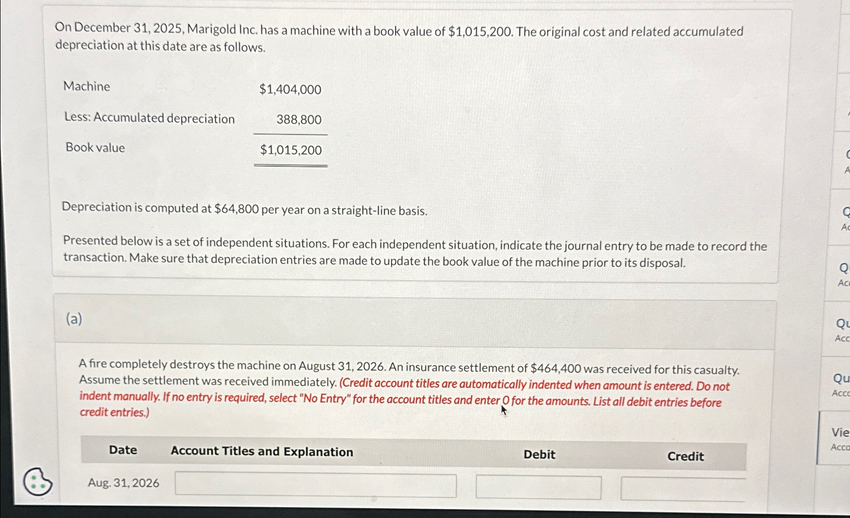 value of $1,015,200. The original cost and related accumulated depreciation at this