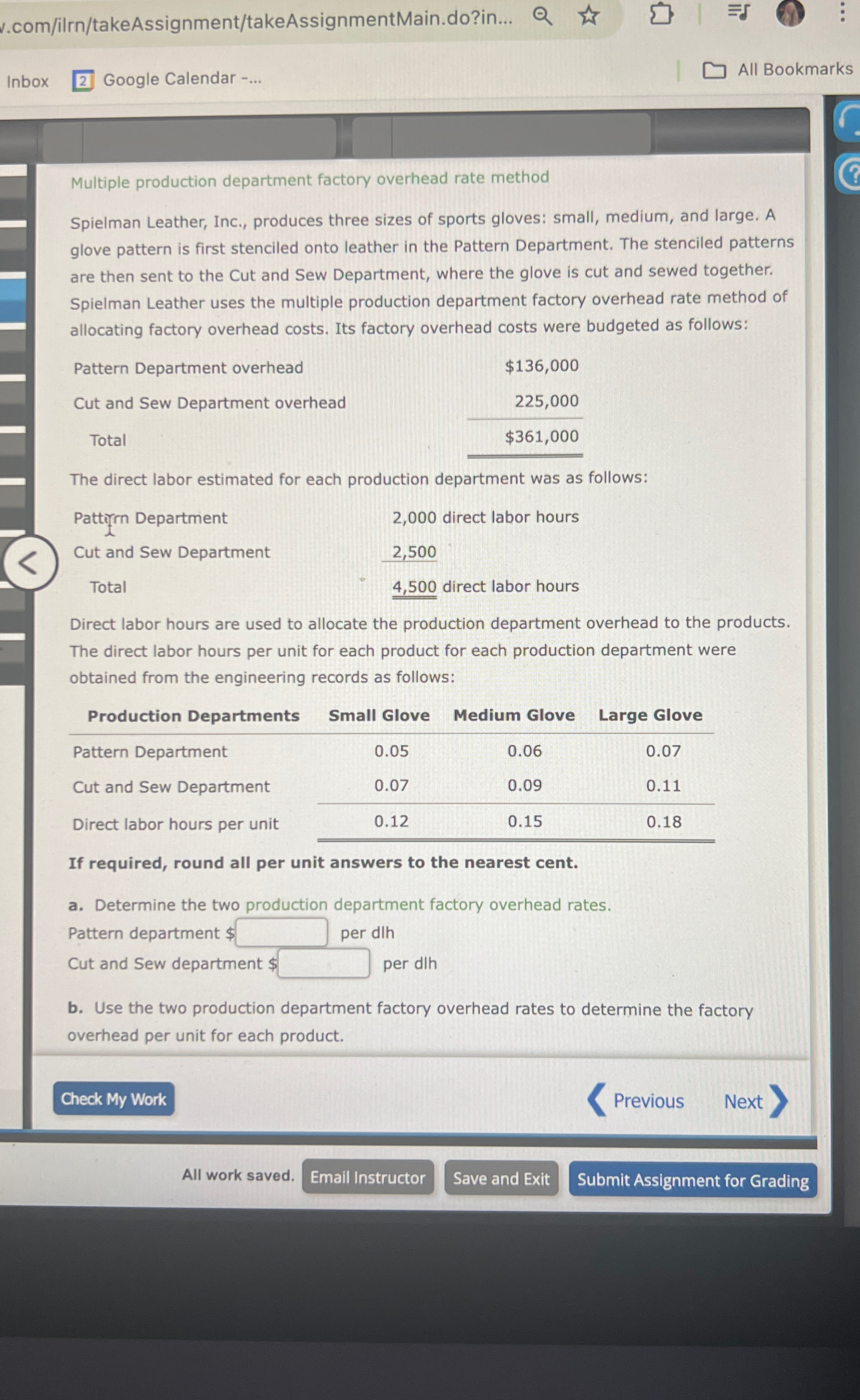  v.com/ilrn/takeAssignment/takeAssignmentMain.do?in... Inbox Google Calendar All Bookmarks Multiple production department factory overhead