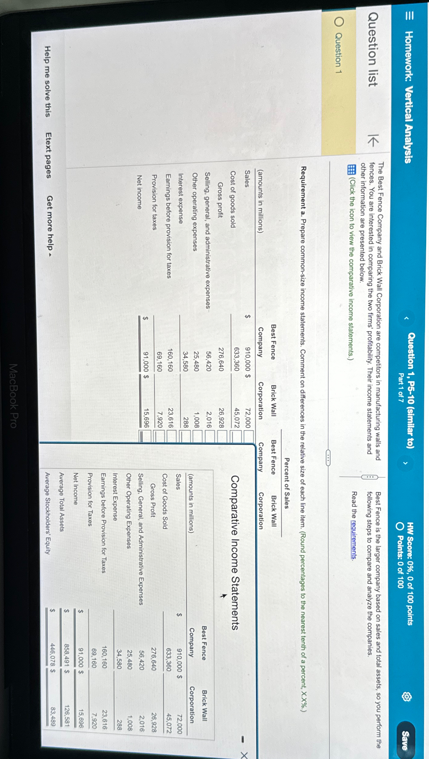  Homework: Vertical Analysis Question 1, P5-10(similar to) HW Score: 0%,0 of