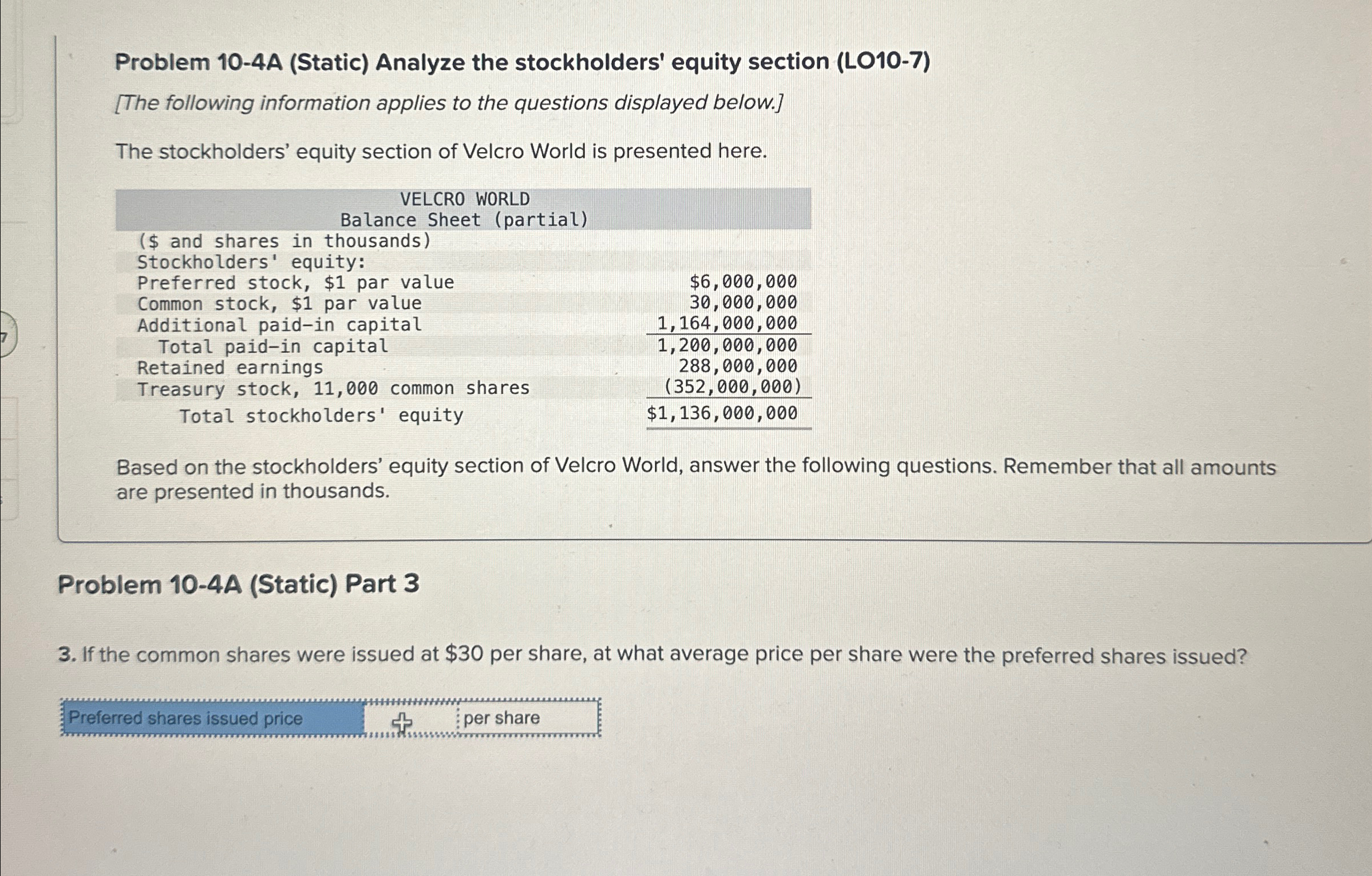  Problem 10-4A (Static) Analyze the stockholders' equity section (LO10-7) [The following