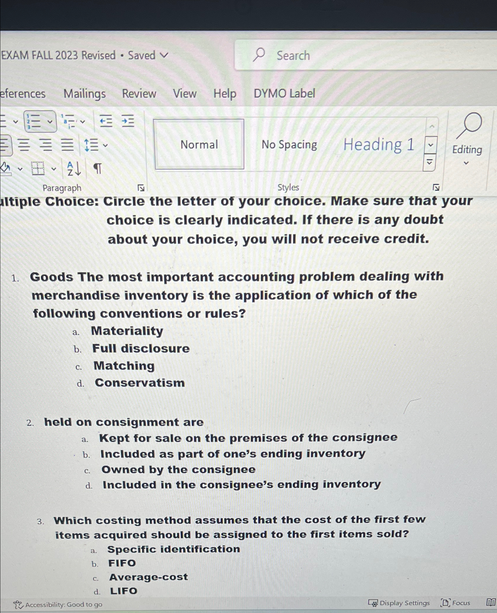  EXAM FALL 2023 Revised * Saved vv Search eferences Mailings Review