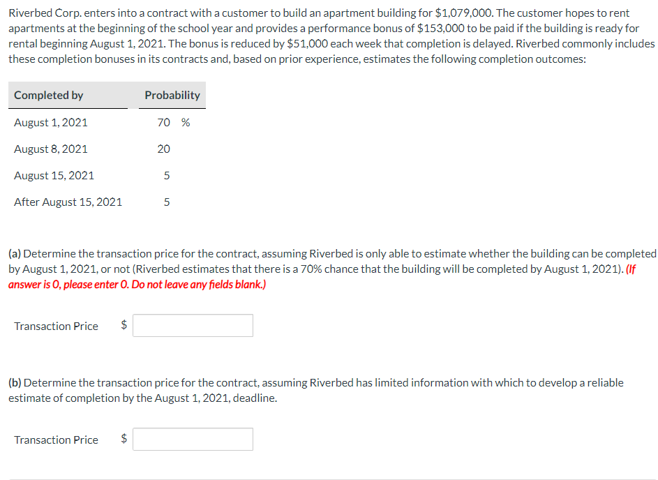  Riverbed Corp. enters into a contract with a customer to build