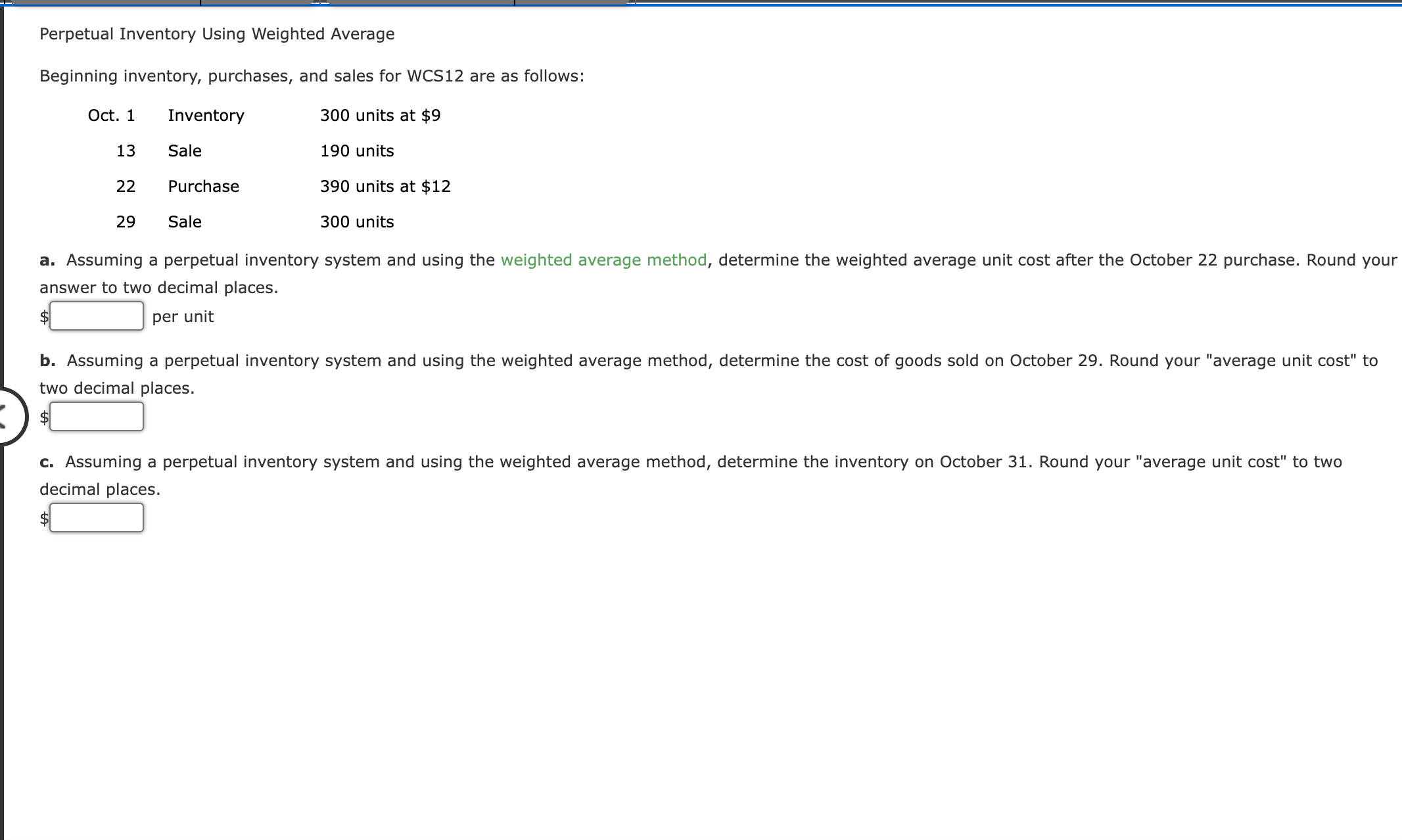 WCS12 are as follows: a. Assuming a perpetual inventory system and using