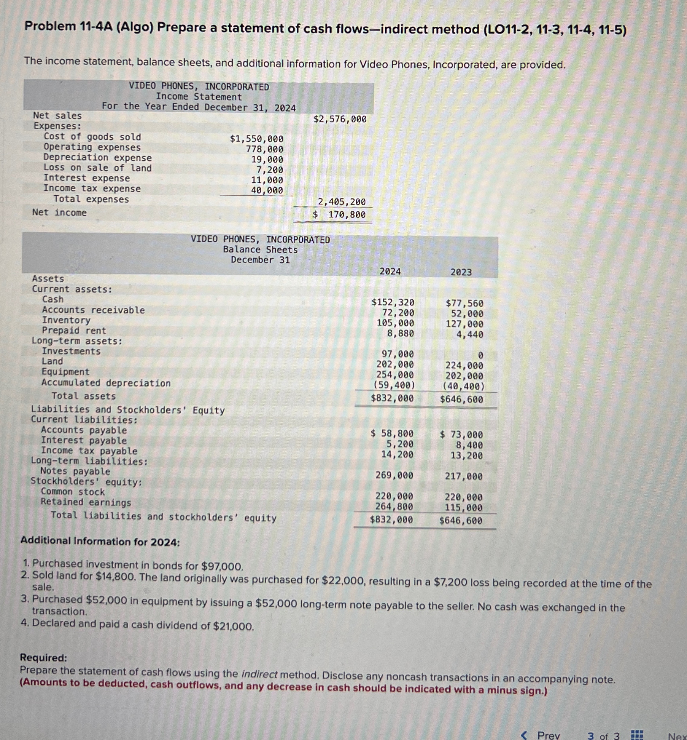  Problem 11-4A (Algo) Prepare a statement of cash flows-indirect method (LO11-2,11-3,11-4,11-5)