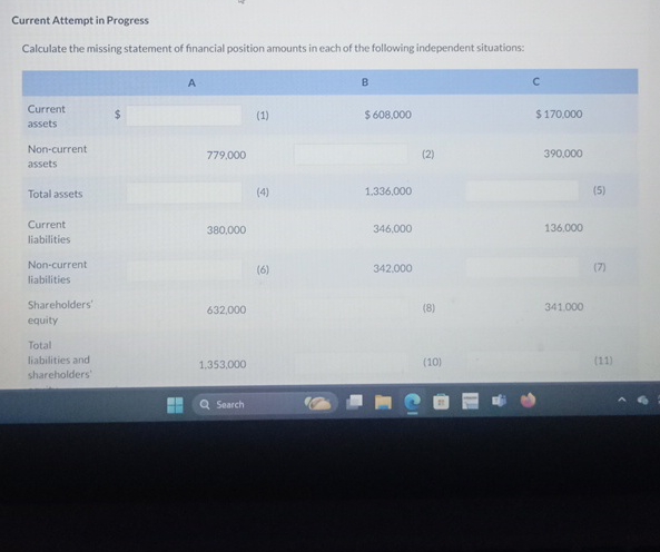 amounts in each of the following independent situations: \table[[,,A,,B,,C,],[\table[[Current],[assets]],$,,(1),$608.000,,$170,000,],[\table[[Non-current],[assets]],,779,000,,,(2),390.000,],[Total assets,,,(4),1.336,000,,,(5)],[\table[[Current],[liabilities]],,380,000,,346.000,,136,000,],[\table[[Non-current],[liabilities]],,,(6),342.000,,,(7)],[\table[[Shareholders'],[equity]],,632,000,,,(8),341.000,],[Total,,,,,,,],[\table[[liabilities and],[shareholders']],,1.353,000,,,(10),,(11)]] Search