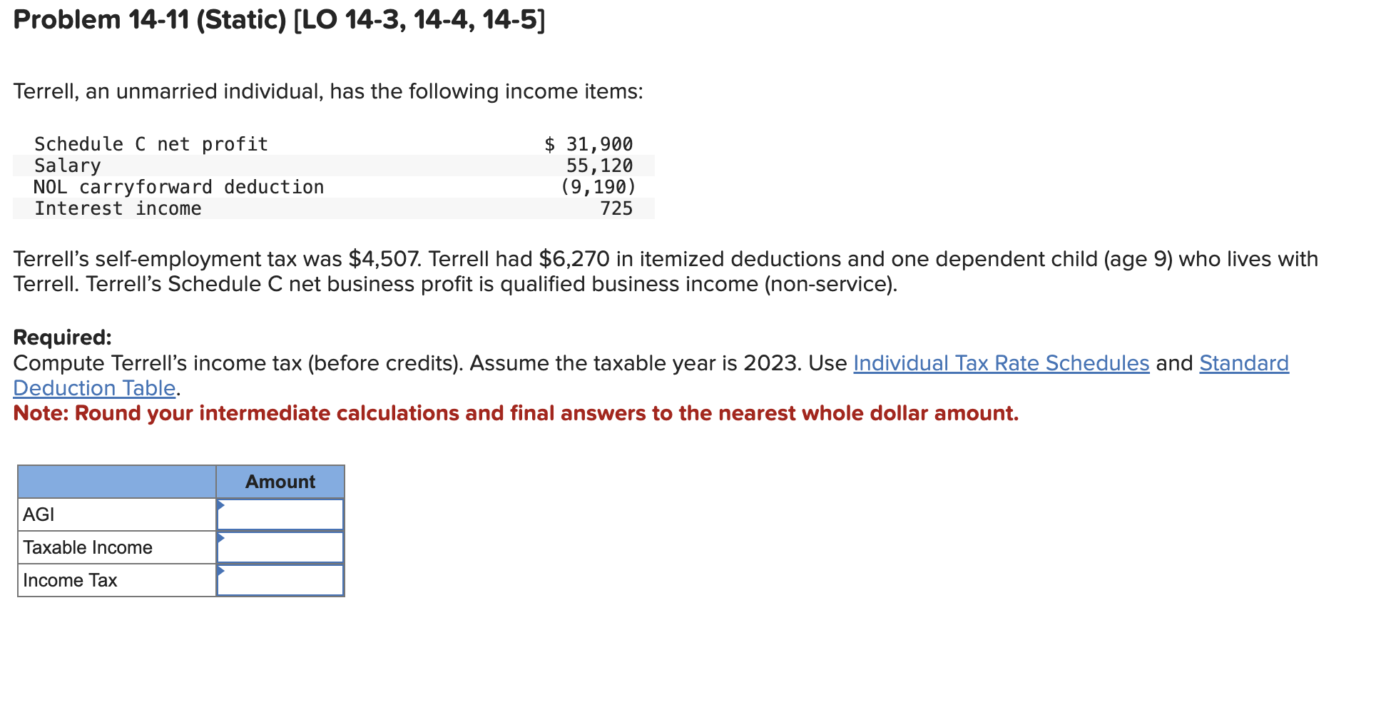  Problem 14-11(Static)[LO 14-3,14-4,14-5] Terrell, an unmarried individual, has the following income