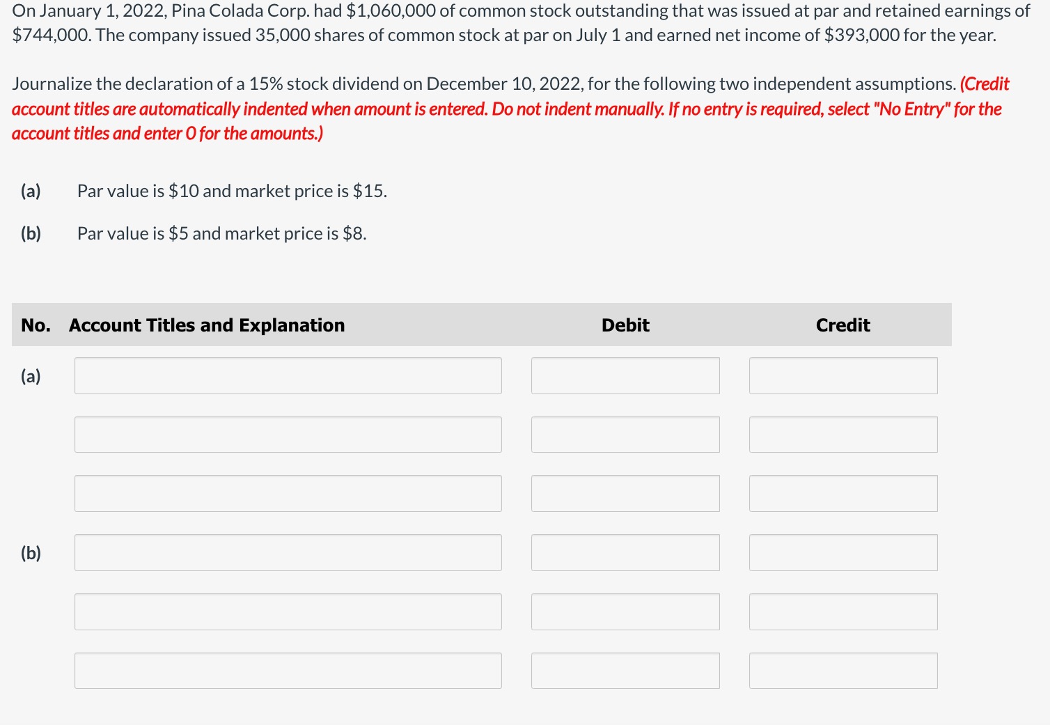  On January 1,2022, Pina Colada Corp. had $1,060,000 of common stock