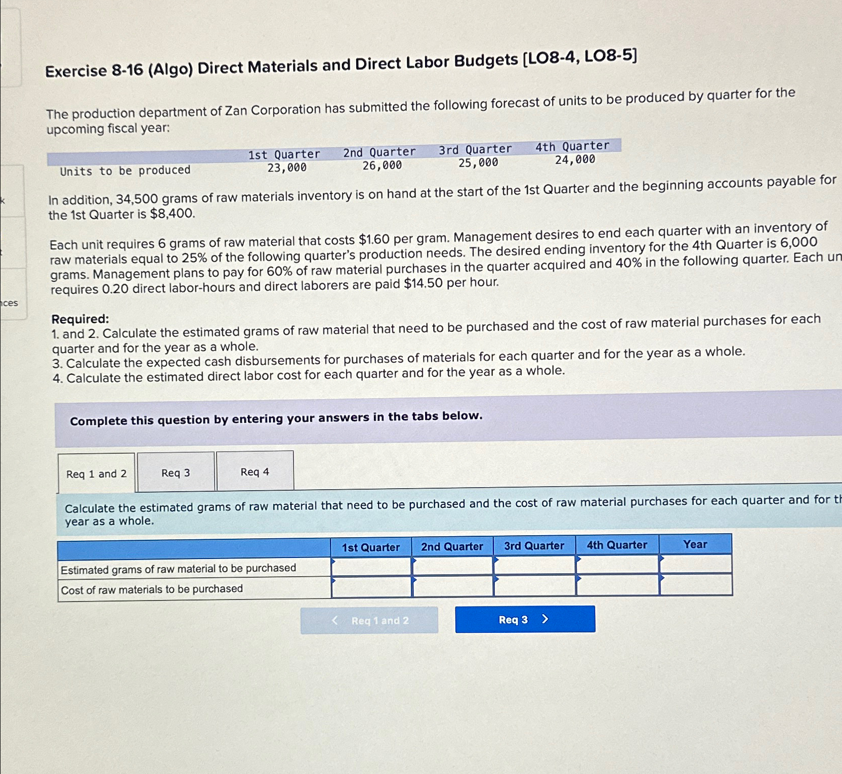  Exercise 8-16(Algo) Direct Materials and Direct Labor Budgets [LO8-4, LO8-5] The