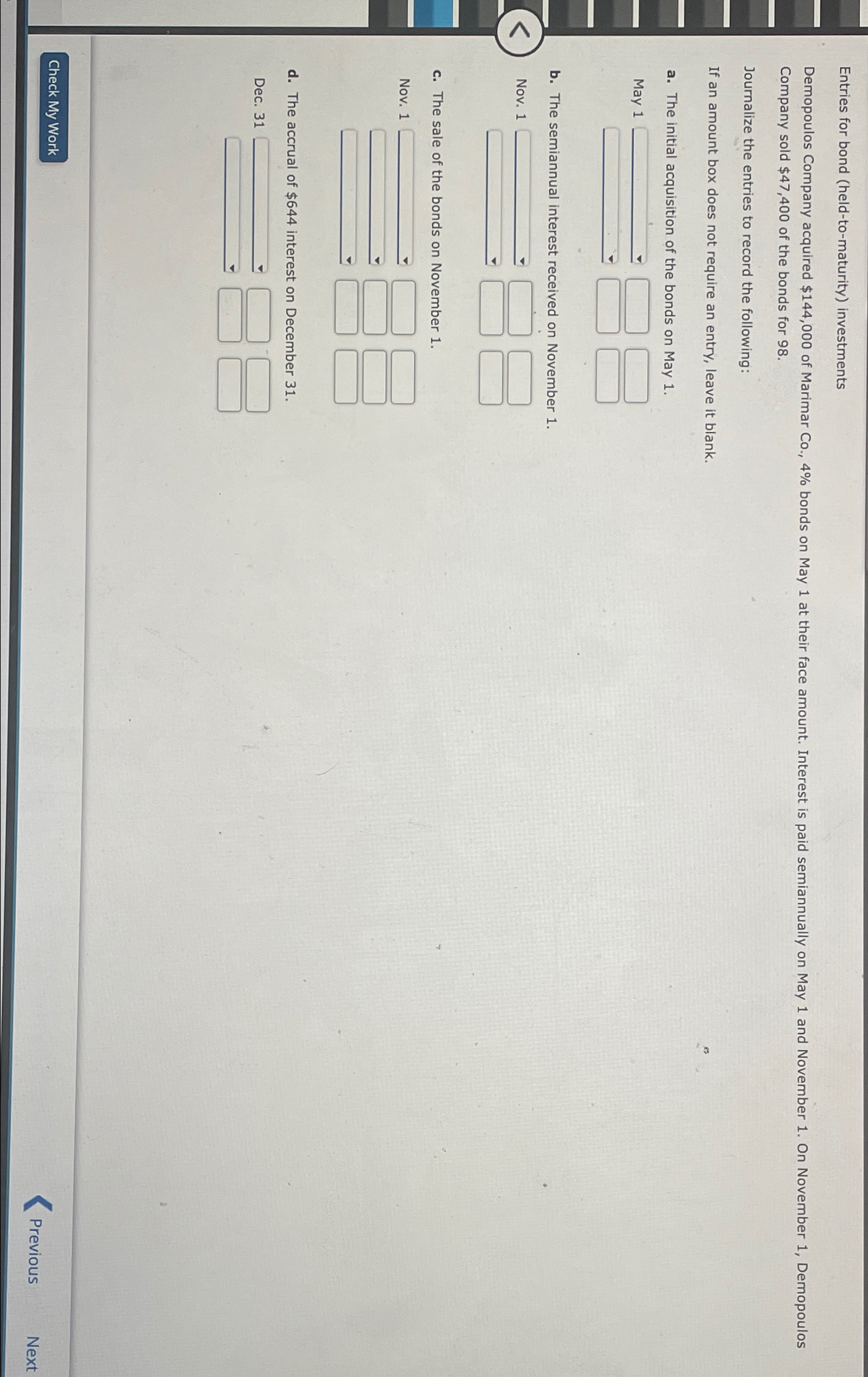Co.,4% bonds on May 1 at their face amount. Interest is paid