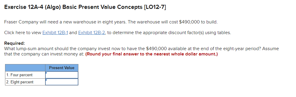  Exercise 12A-4(Algo) Basic Present Value Concepts [LO12-7] Fraser Company will need