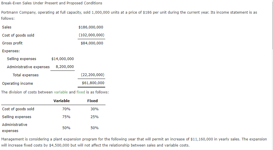 following year. x units Determine the amount of sales (units) that would