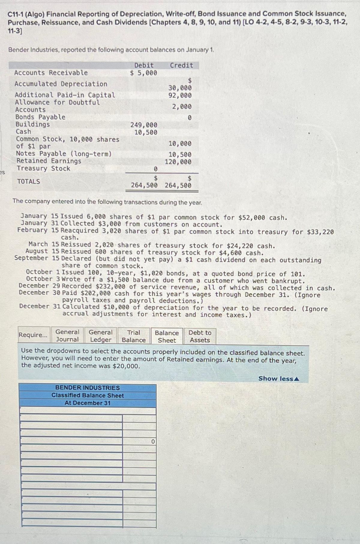 C11-1(Algo) Financial Reporting of Depreciation, Write-off, Bond Issuance and Common Stock