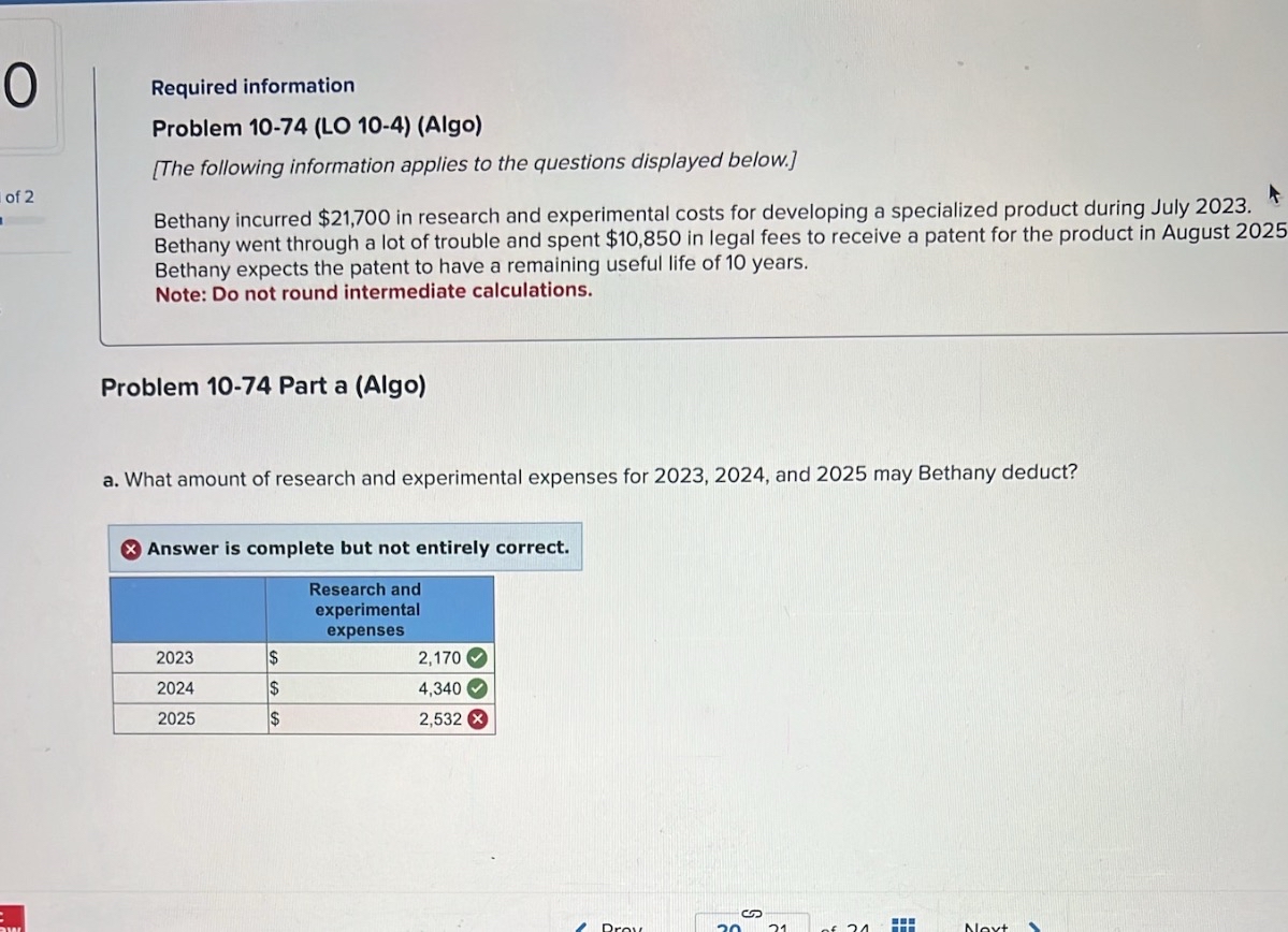 the questions displayed below.] Bethany incurred $21,700 in research and experimental costs