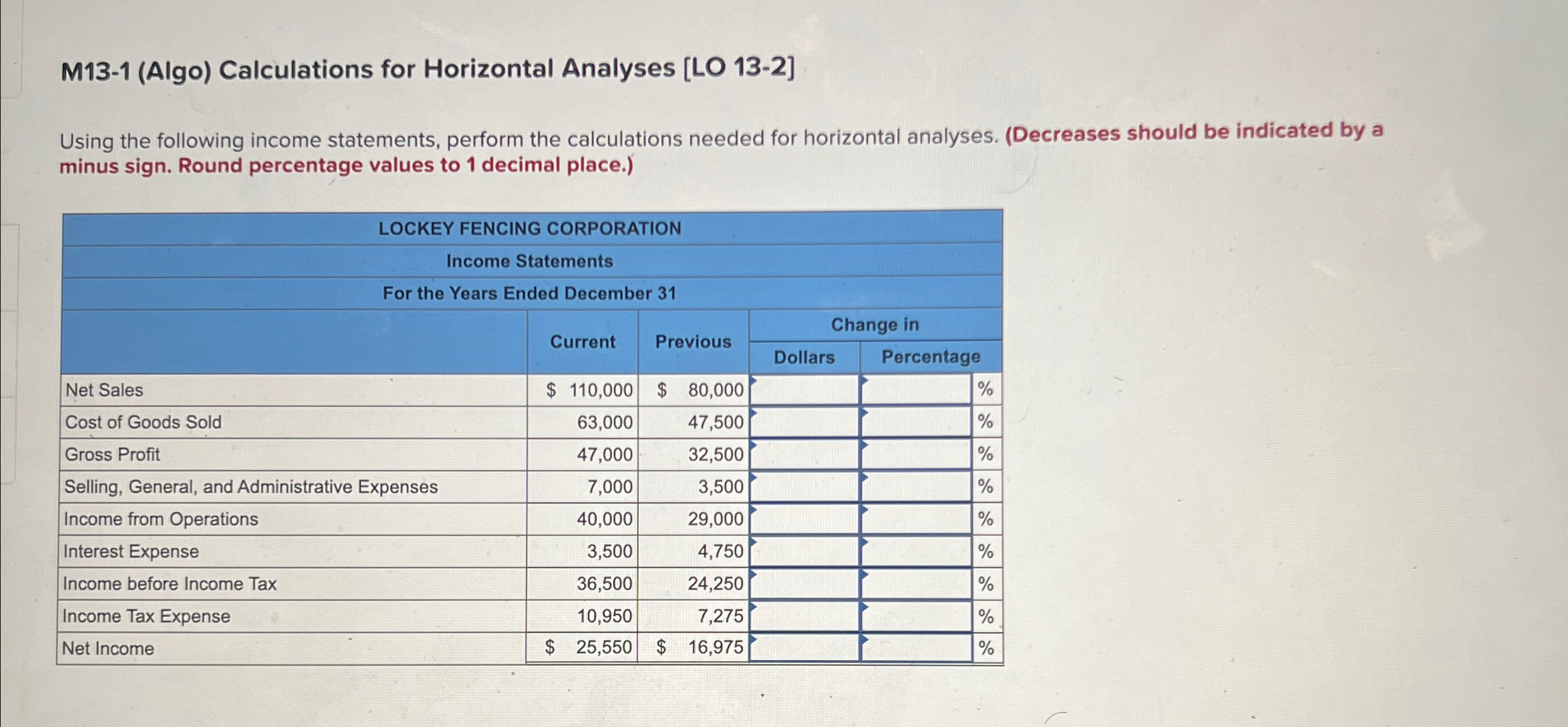  M13-1(Algo) Calculations for Horizontal Analyses [LO 13-2] Using the following income