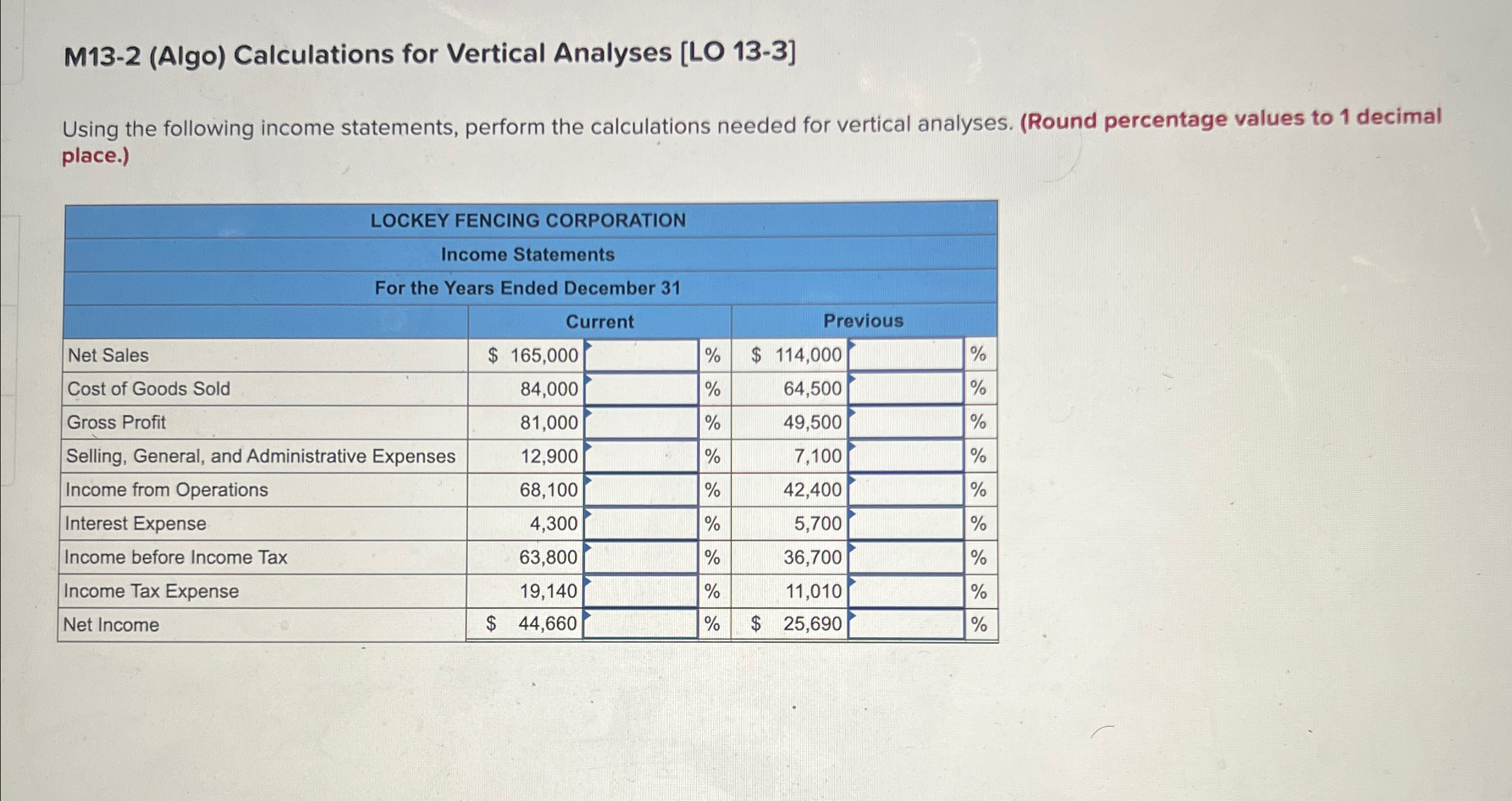  M13-2(Algo) Calculations for Vertical Analyses [LO 13-3] Using the following income
