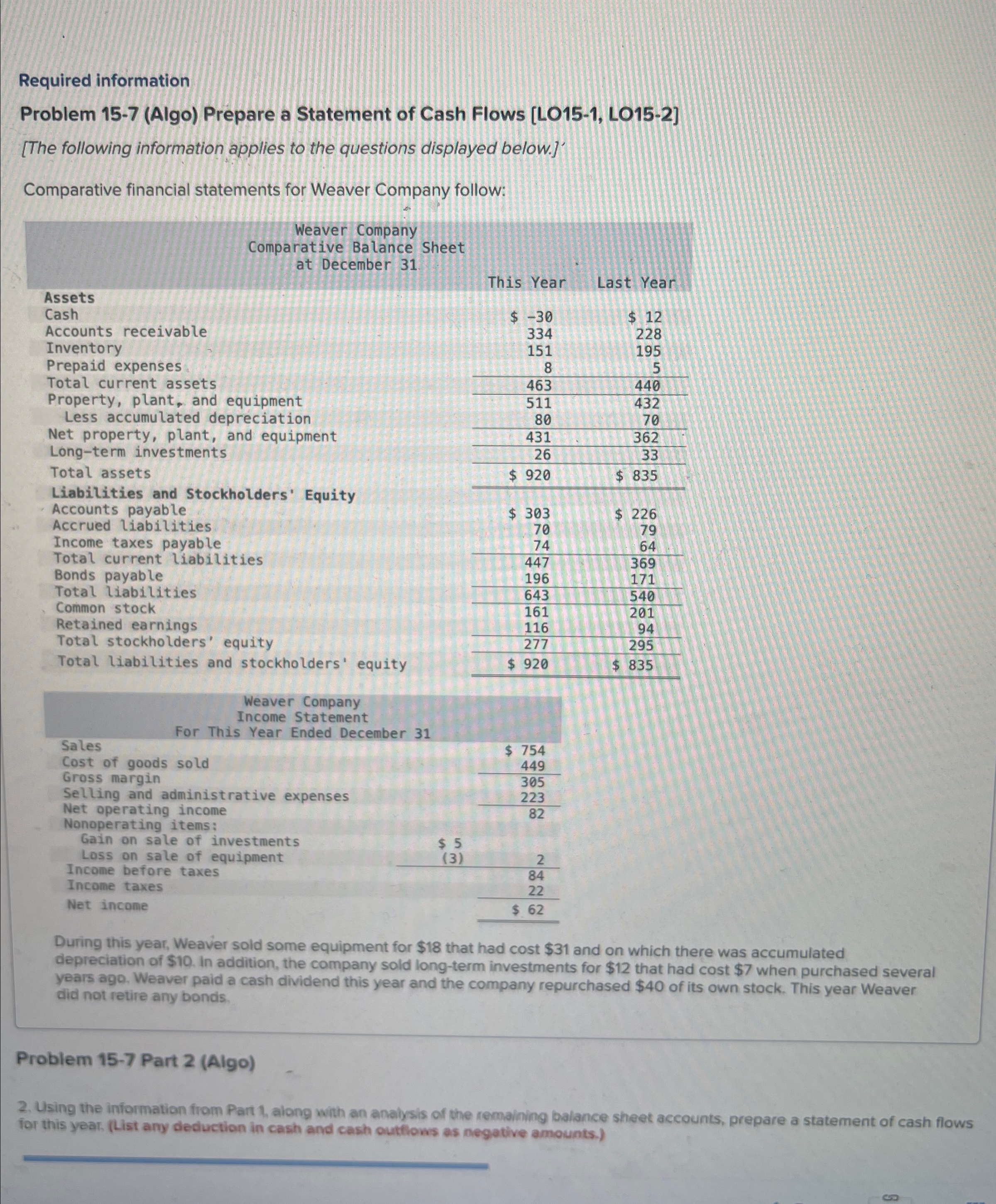LO15-2] [The following information applies to the questions displayed below.] Comparative financial