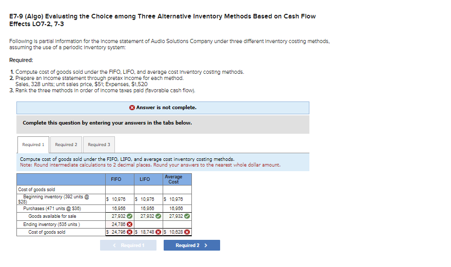  E7.9(Algo) Evaluating the Cholce among Three Alternative Inventory Methods Based on