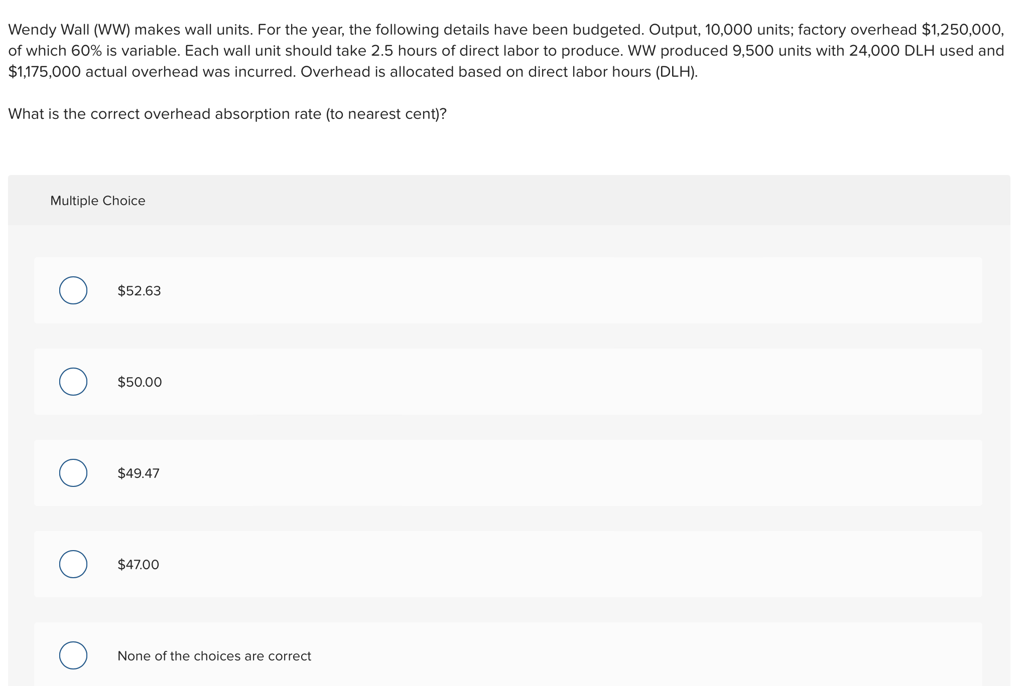 details have been budgeted. Output, 10,000 units; factory overhead $1,250,000, of which