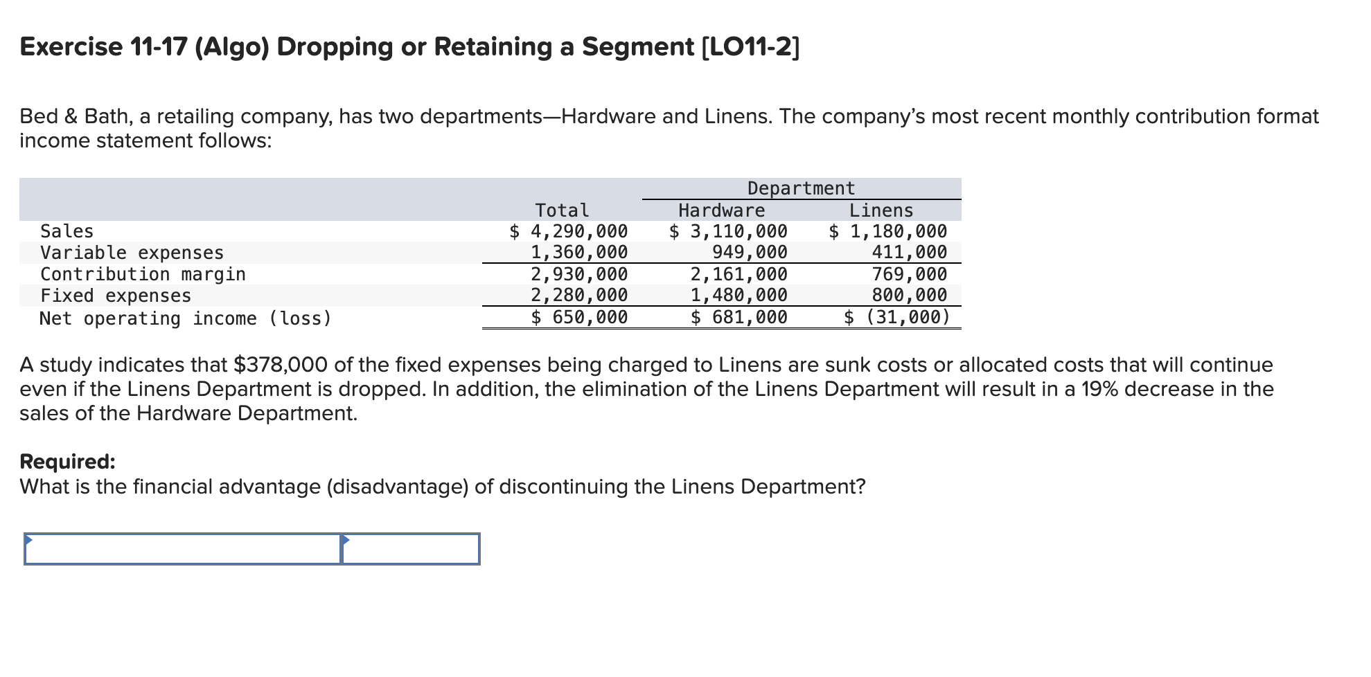  Exercise 11-17(Algo) Dropping or Retaining a Segment [LO11-2] Bed & Bath,