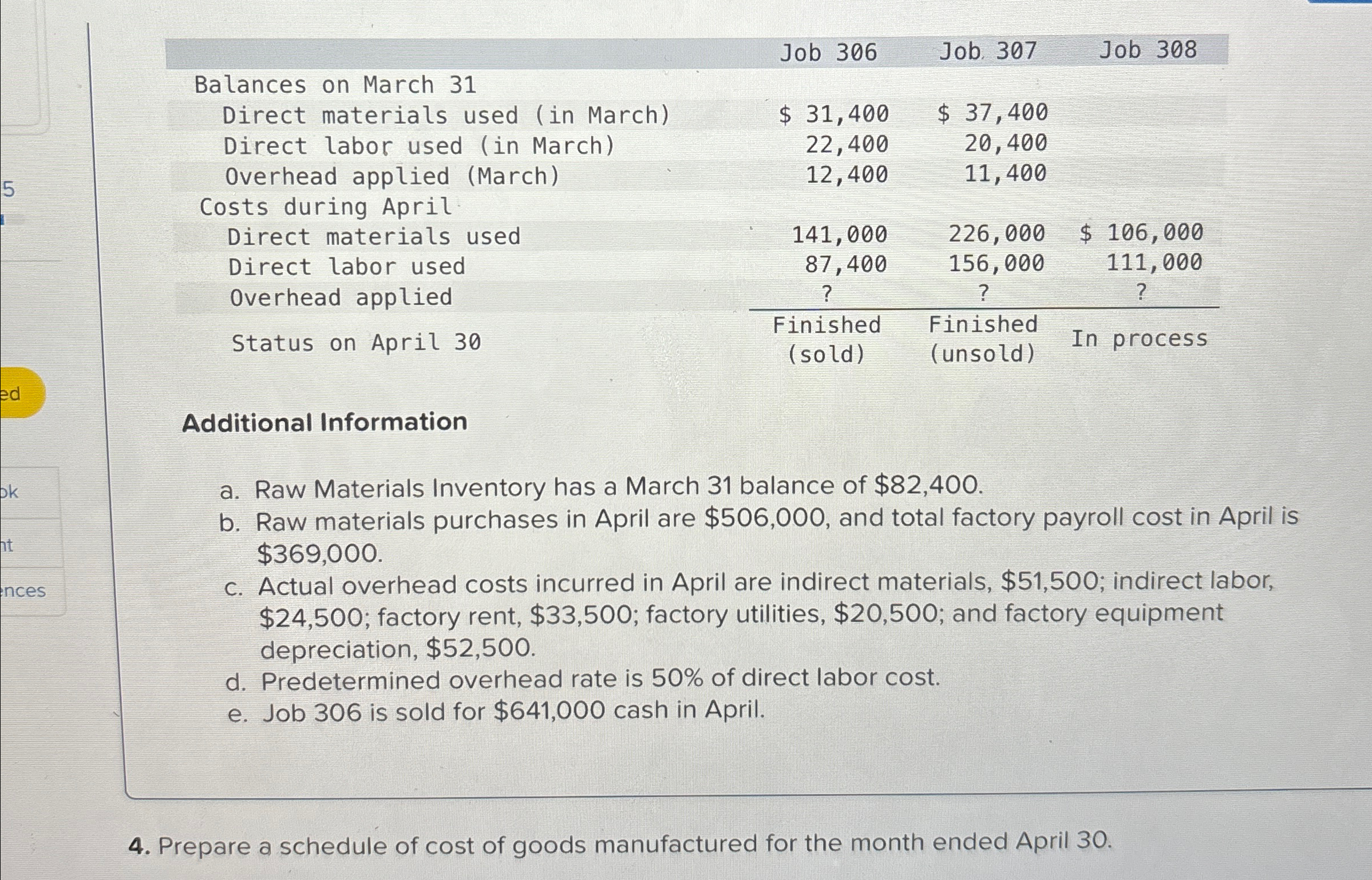 labor used (in March),22,400,20,400,],[Overhead applied (March),12,400,11,400,],[Costs during April,,,],[Direct materials used,141,000,226,000,$106,000 