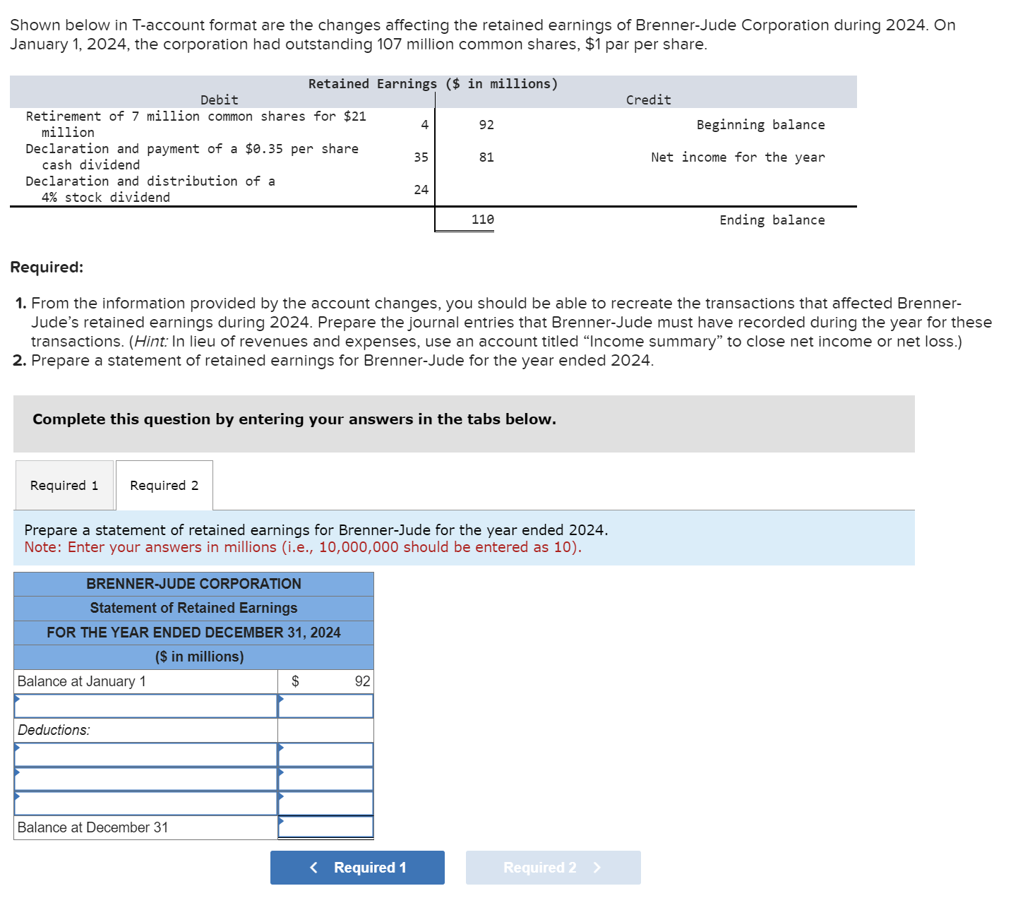 earnings of Brenner-Jude Corporation during 2024. On January 1,2024, the corporation had