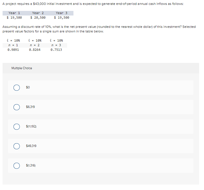 generate end-of-period annual cash inflows as follows: Assuming a discount rate of