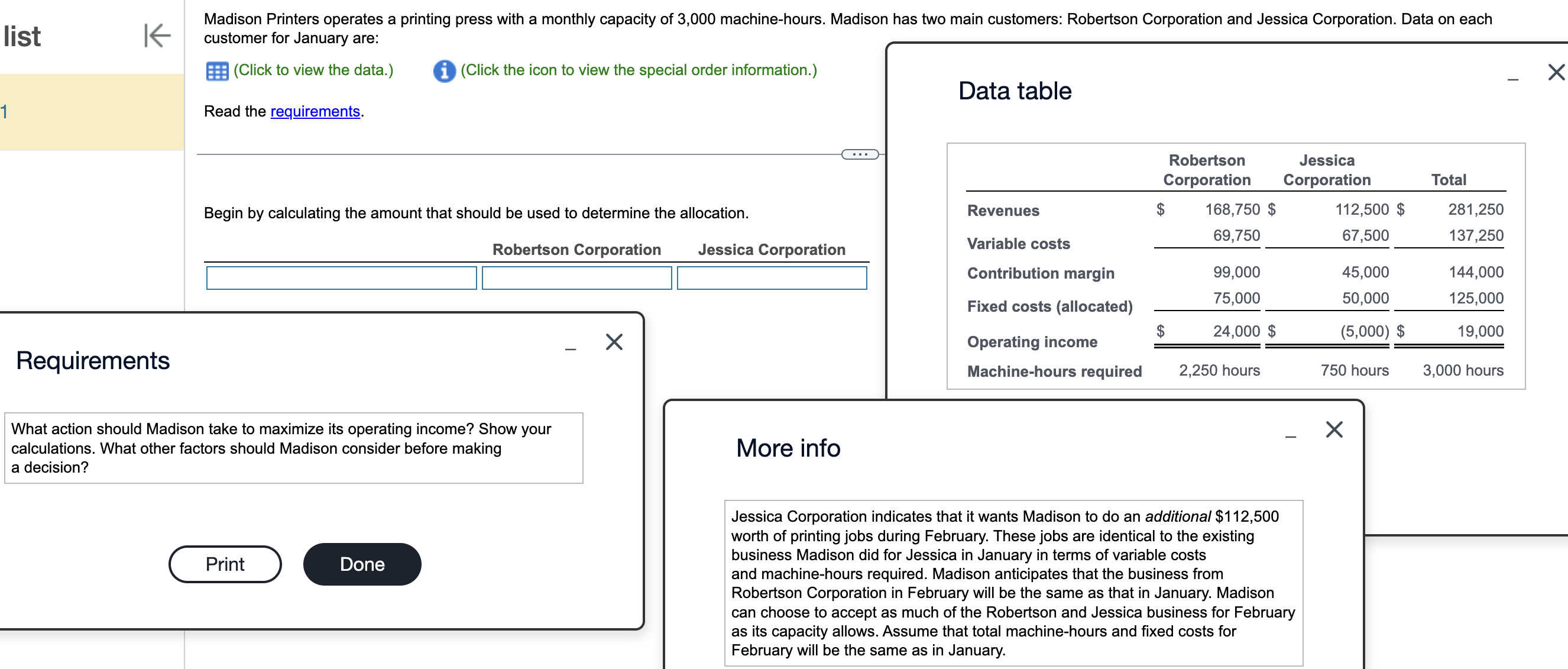 with a monthly capacity of 3,000machine-hours. Madison has two main customers: Robertson