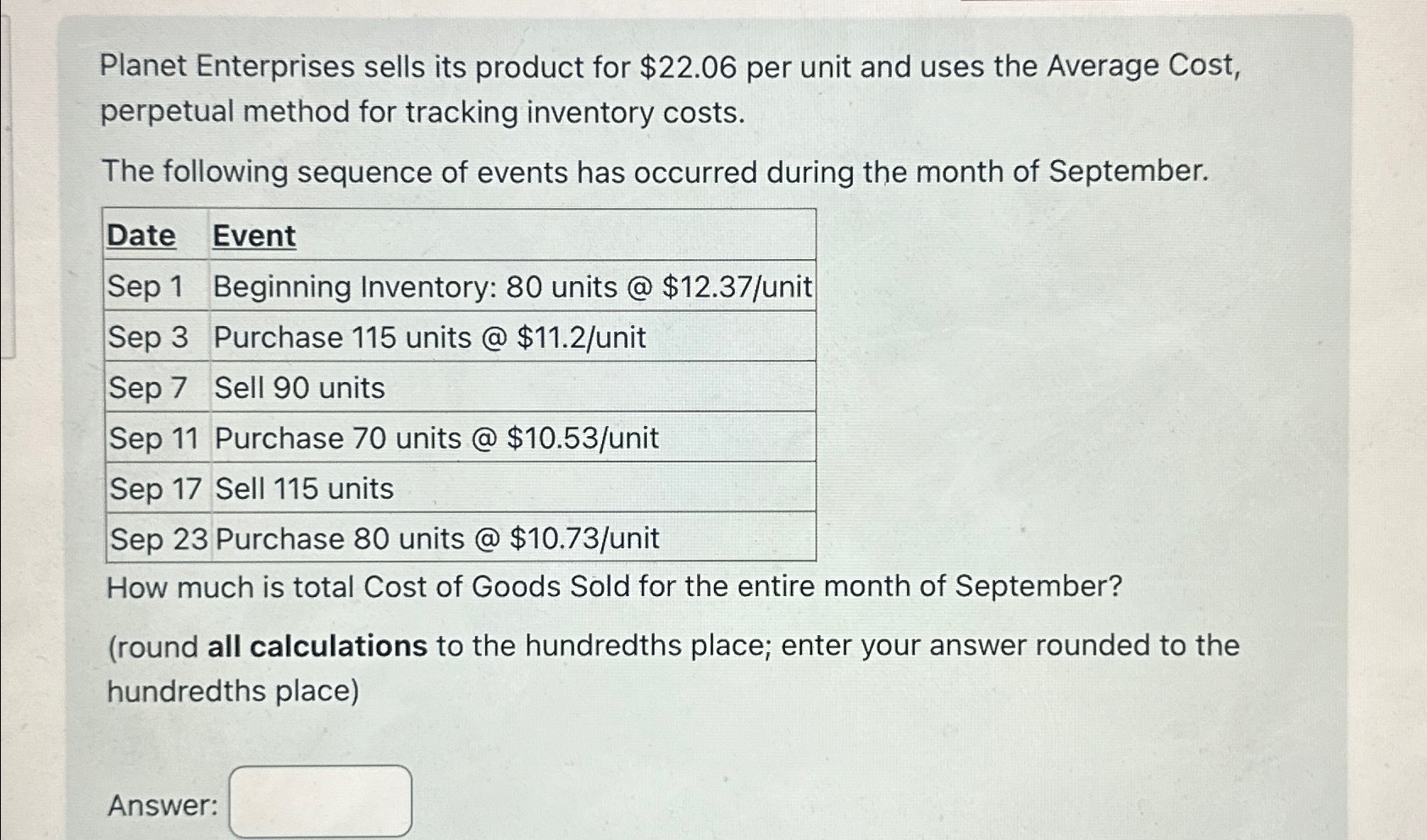the Average Cost, perpetual method for tracking inventory costs. The following sequence